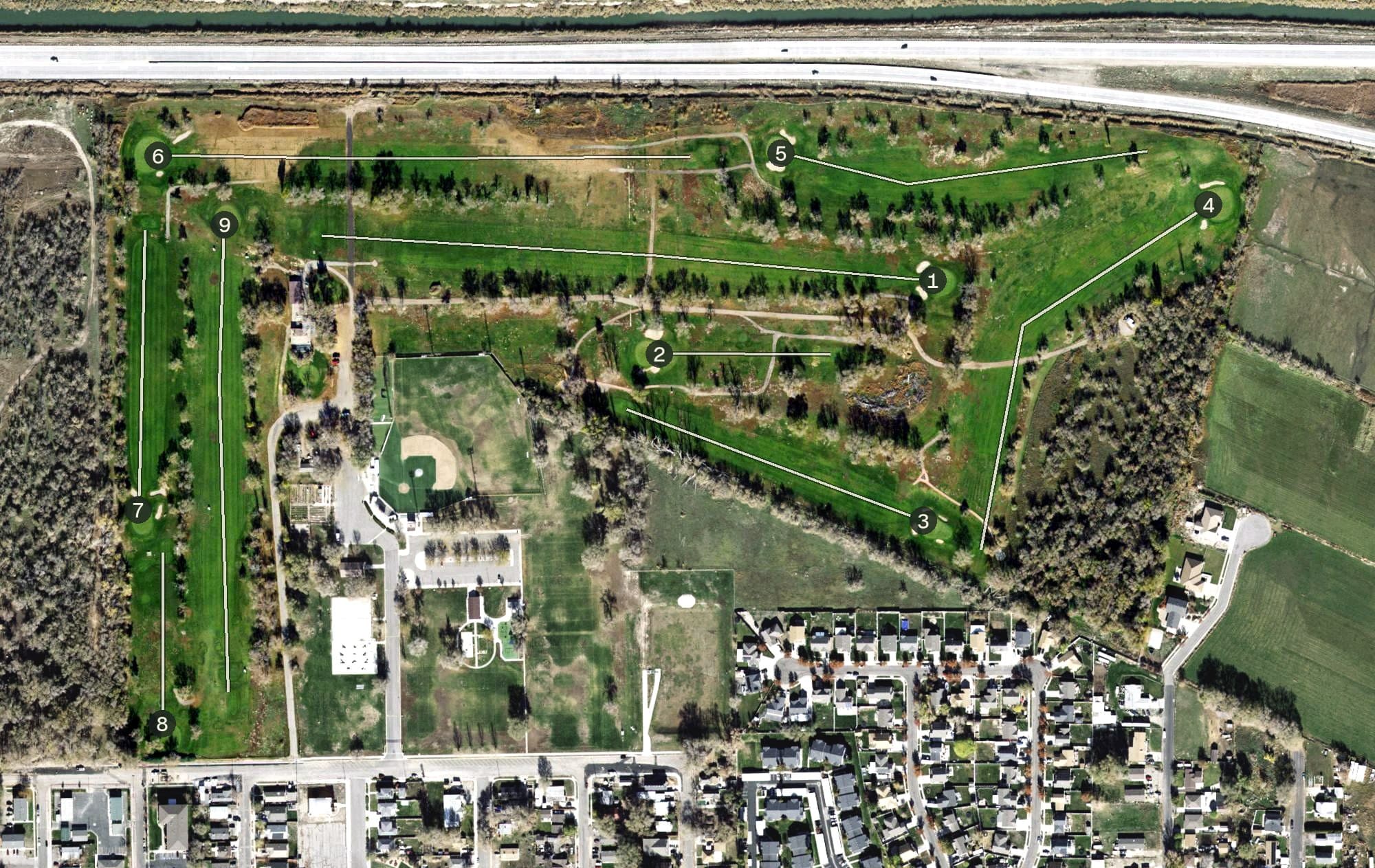 Aerial view of Copper Golf Club, UT, with its hole routing marked