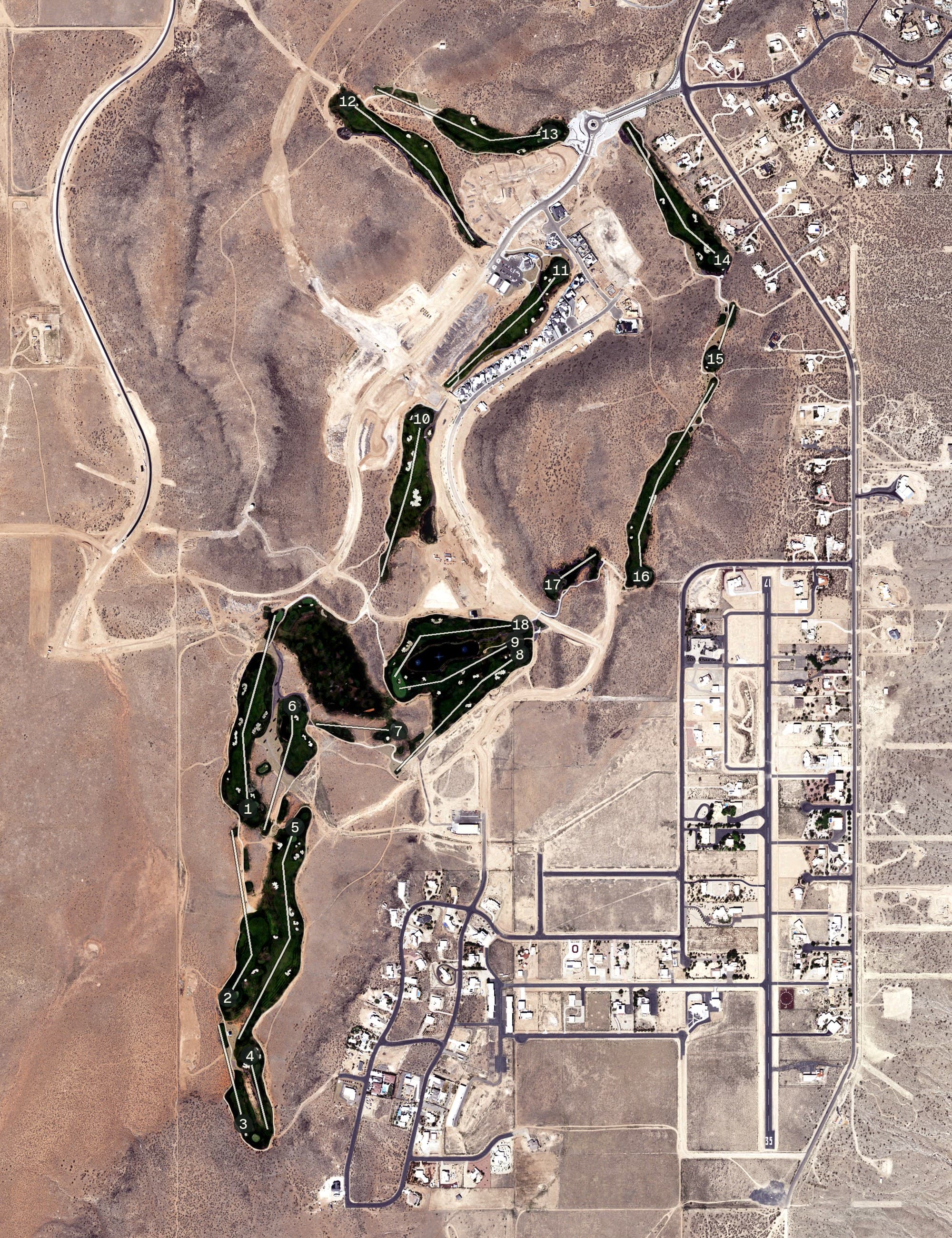 Aerial view of Copper Rock Golf Course, UT, with its hole routing marked