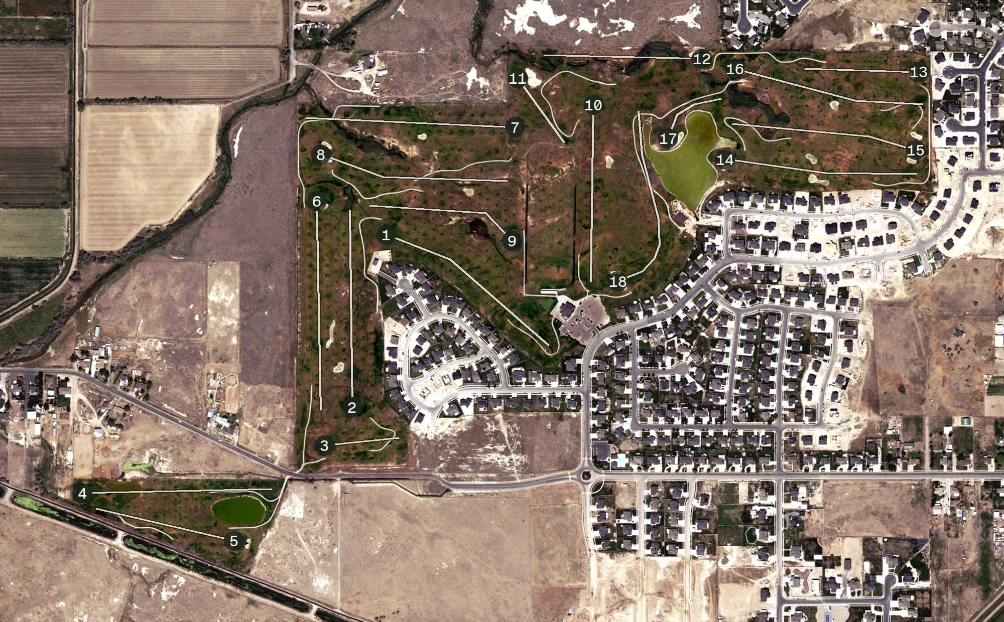 Aerial view of Crane Field Golf Course, UT, with its hole routing marked