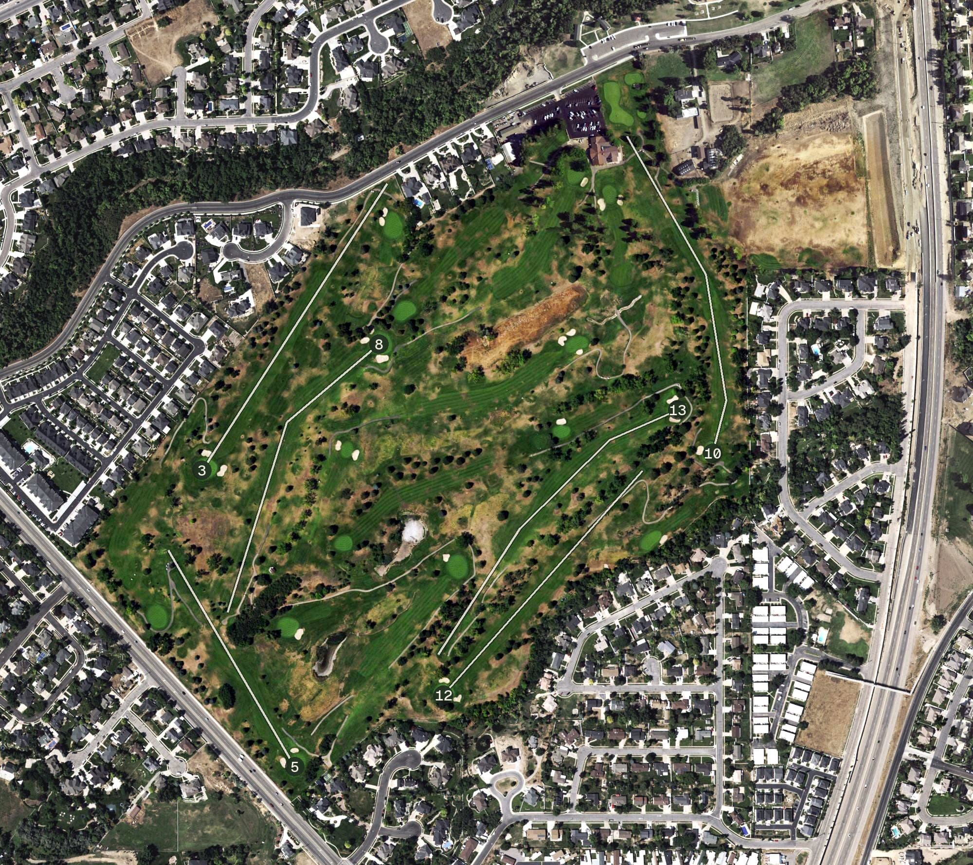 Aerial view of Davis Park Golf Course, UT, with its hole routing marked
