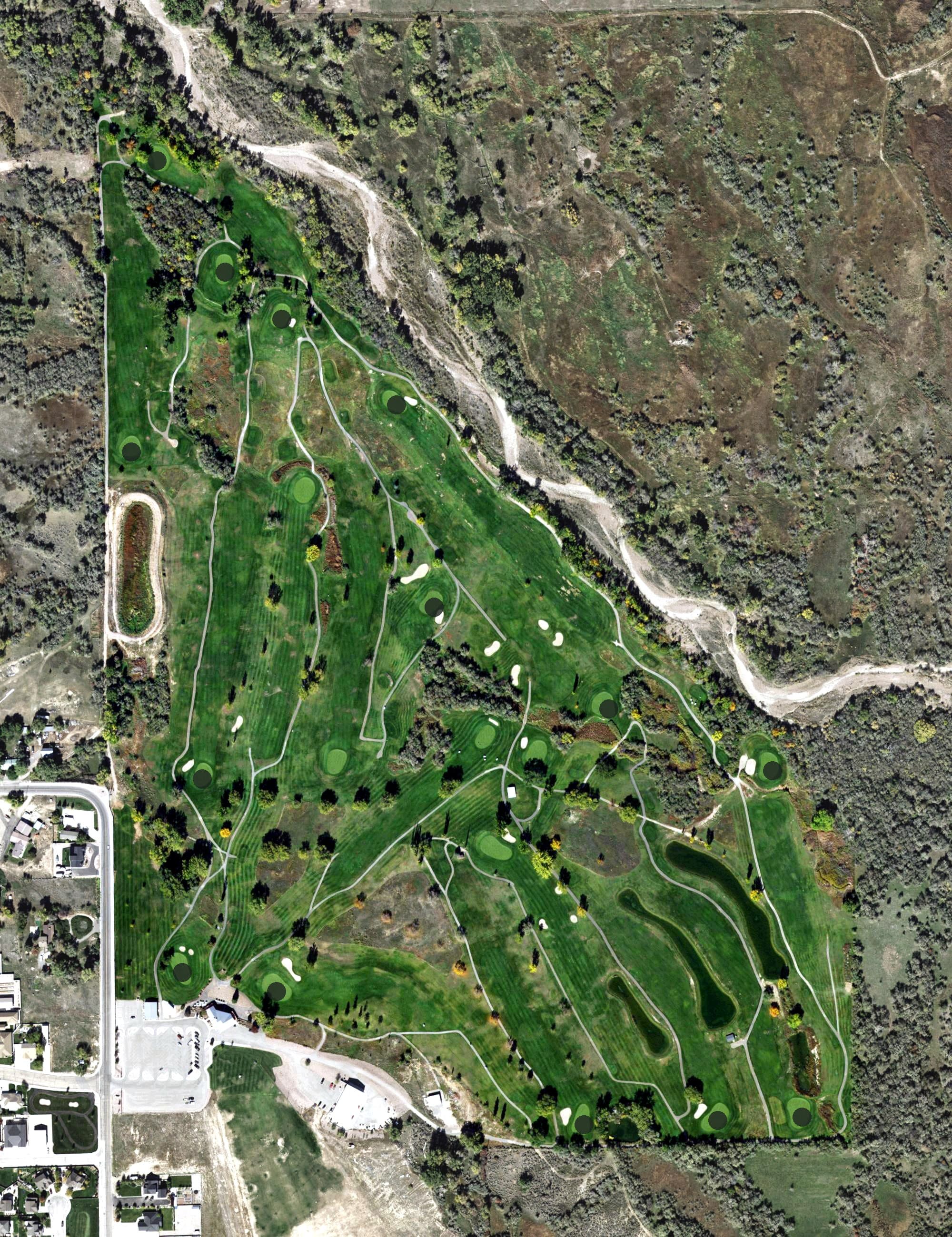 Aerial view of Dinaland Golf Course, UT, with its hole routing marked