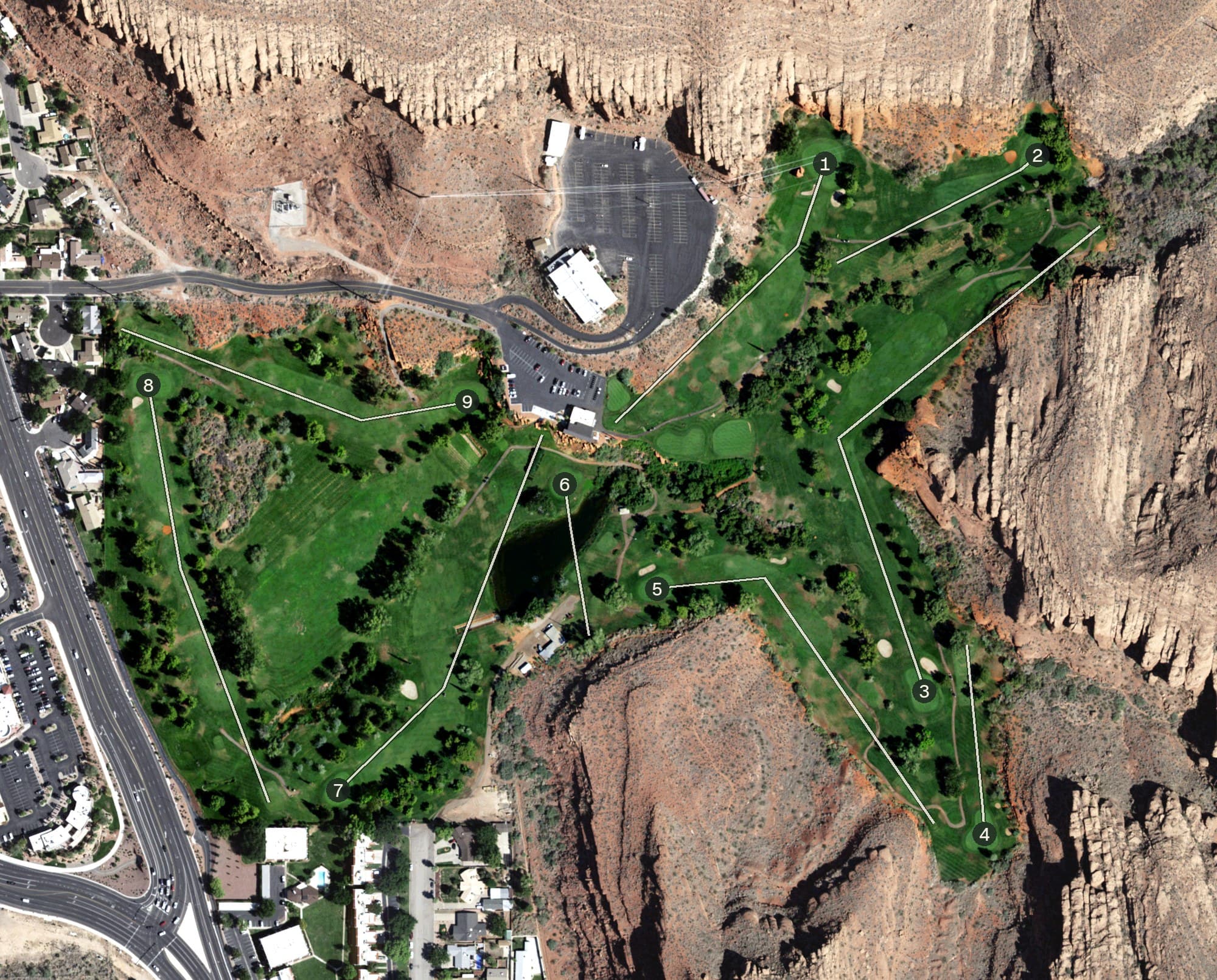 Aerial view of Dixie Red Hills Golf Club, UT, with its hole routing marked