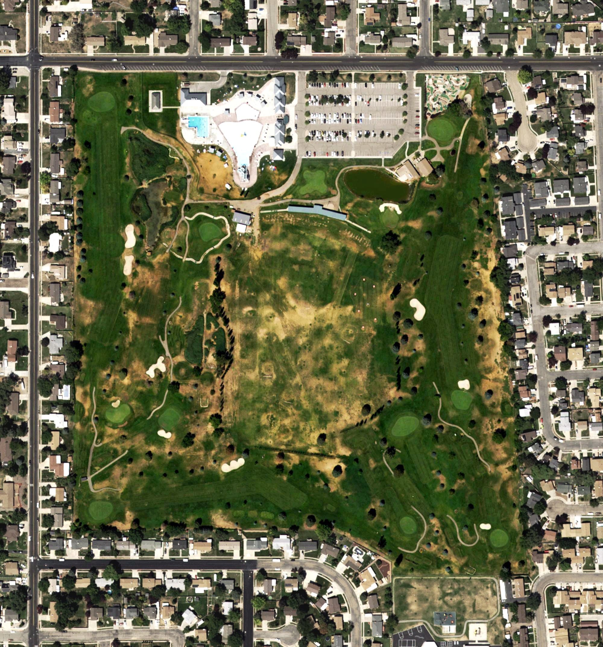 Aerial view of Eagle Lake Golf Course, UT, with its hole routing marked