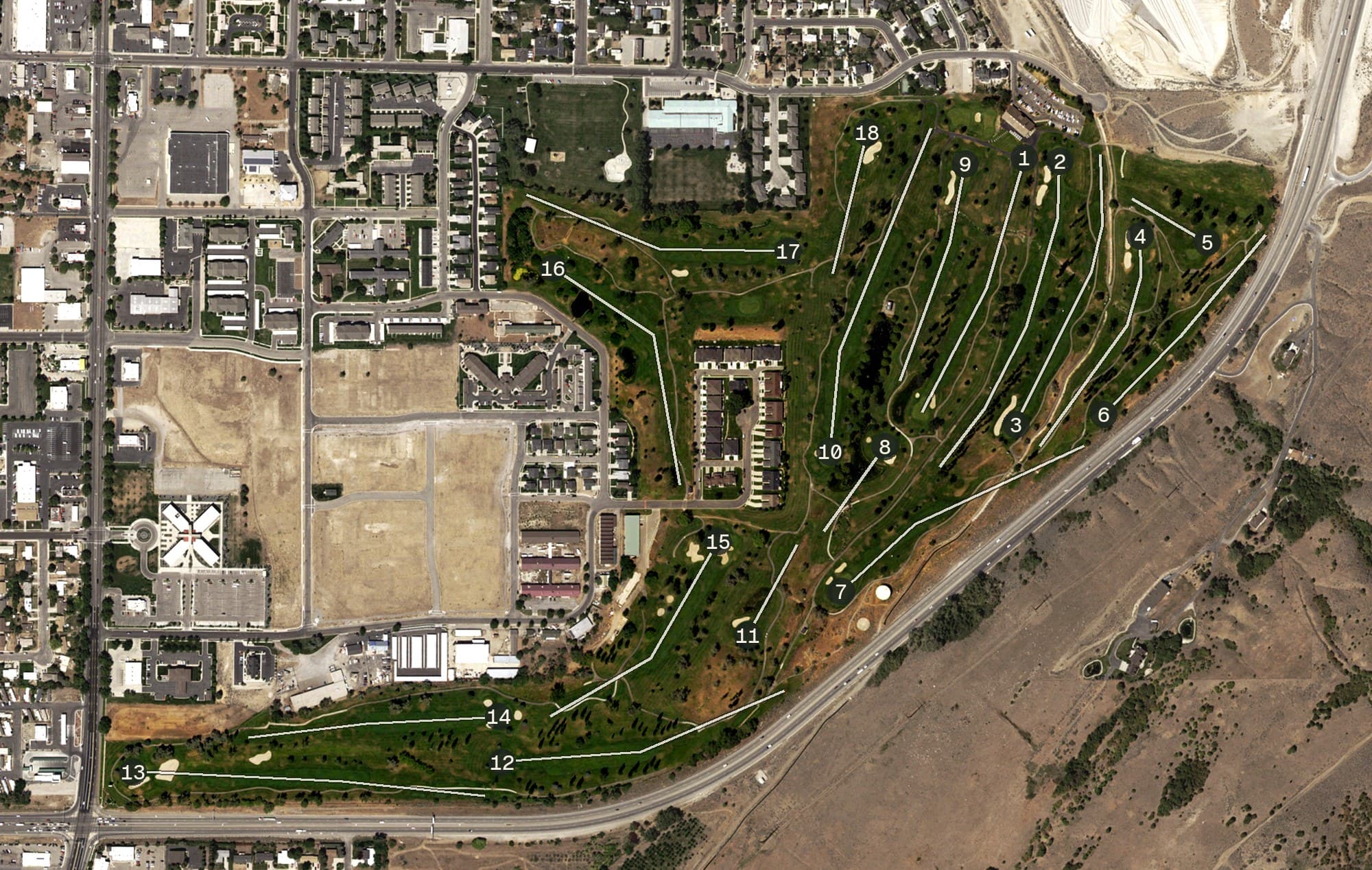 Aerial view of Eagle Mountain Golf Course, UT, with its hole routing marked