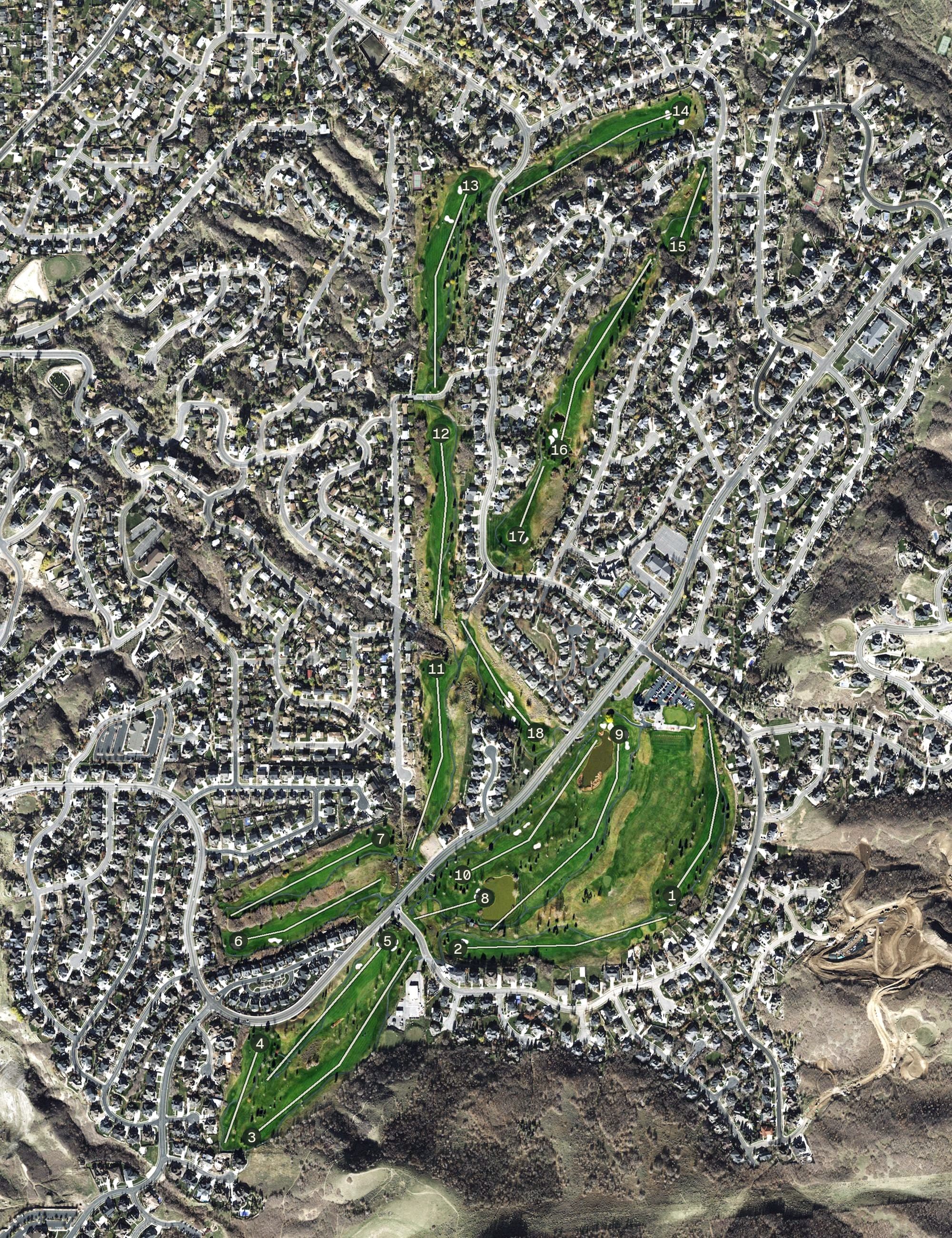 Aerial view of Eaglewood Golf Course, UT, with its hole routing marked