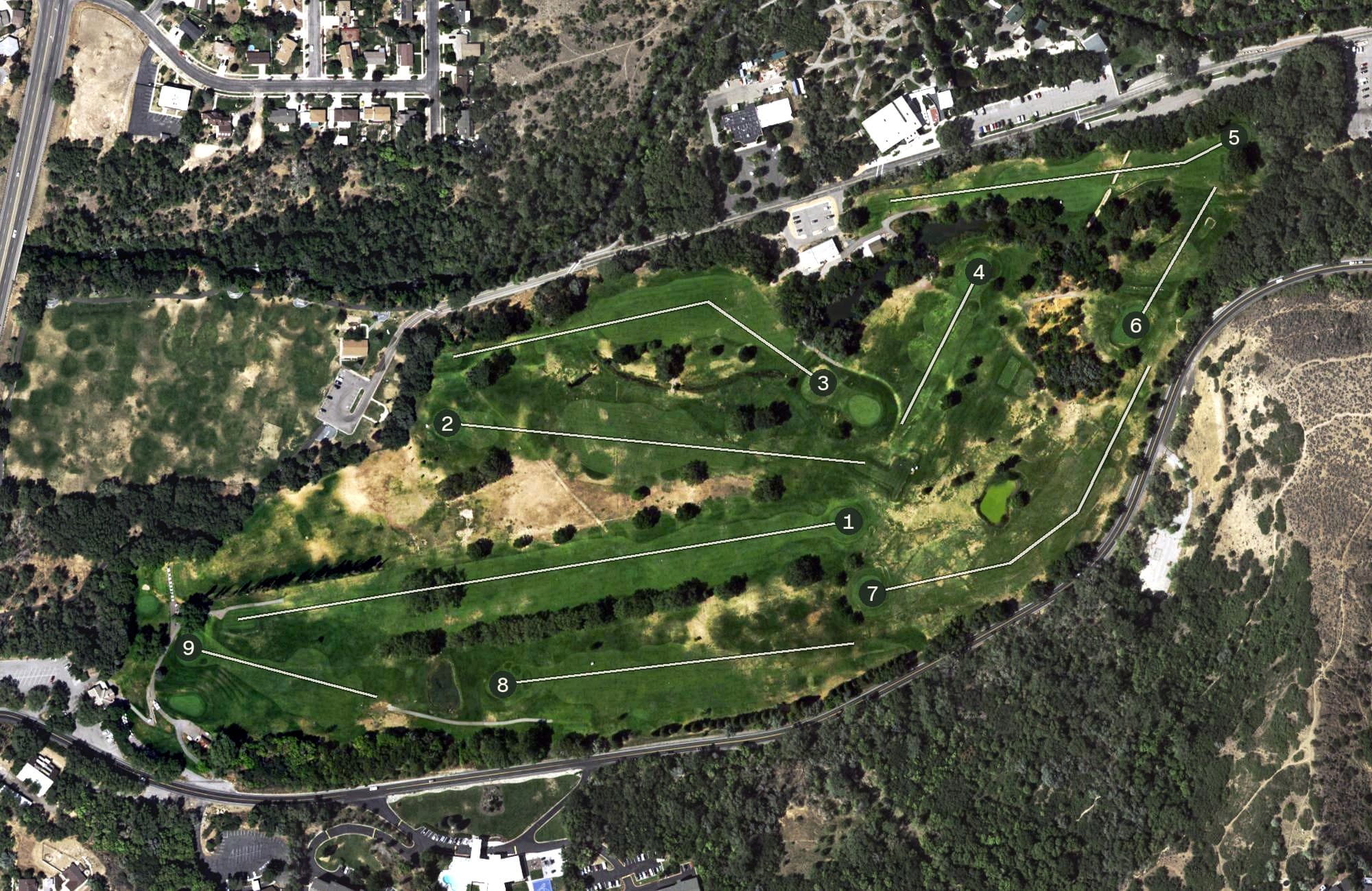 Aerial view of El Monte Golf Course, UT, with its hole routing marked