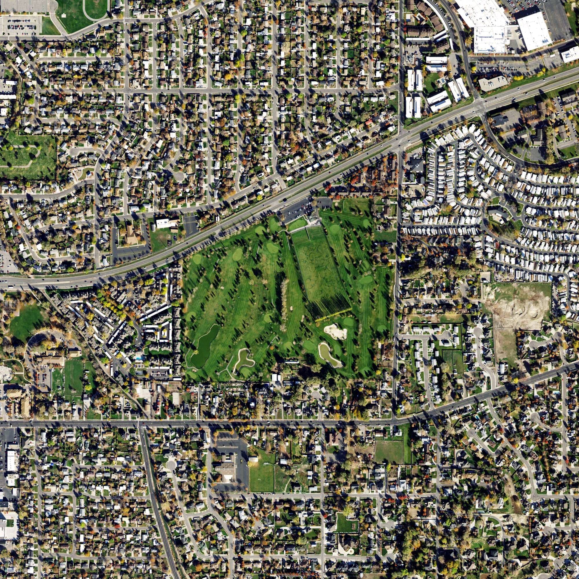 Aerial view of Fore Lakes Golf Course, UT, with its hole routing marked