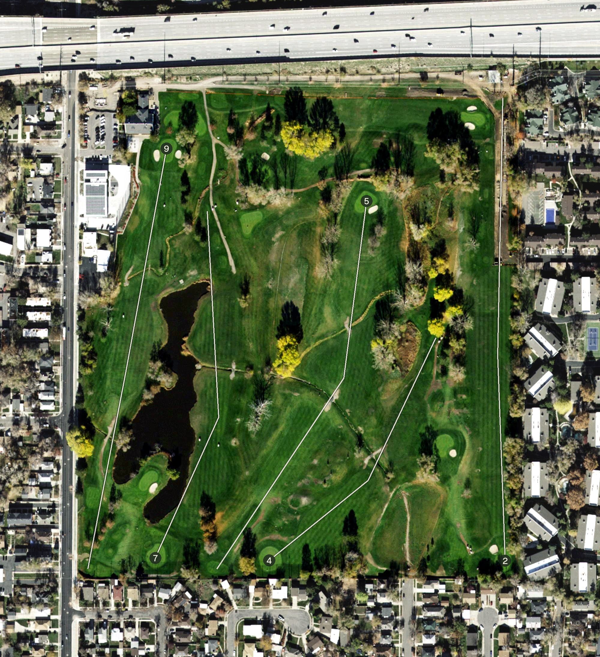 Aerial view of Forest Dale Golf Course, UT, with its hole routing marked