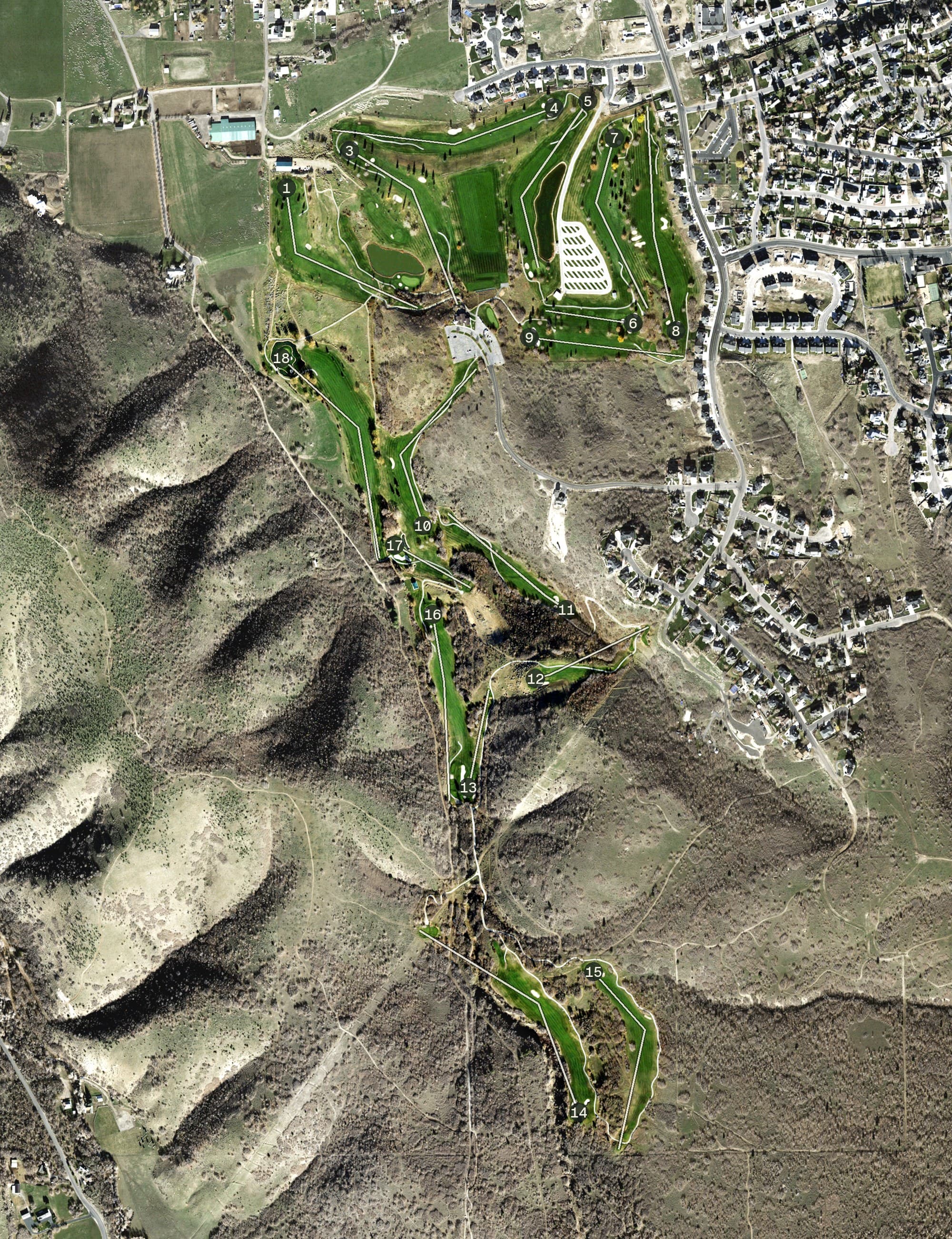 Aerial view of Gladstan Golf Course, UT, with its hole routing marked