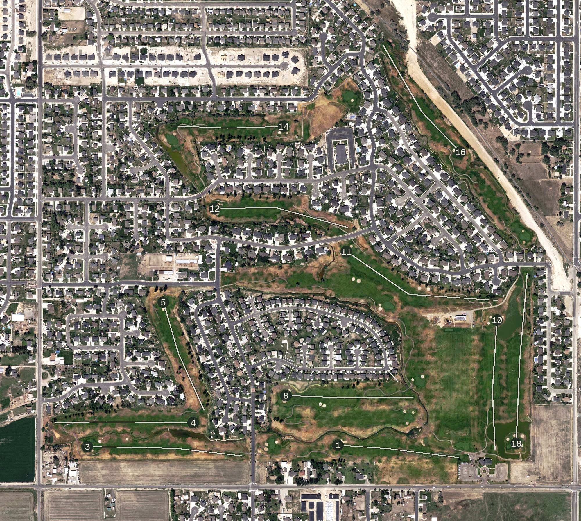 Aerial view of Glen Eagle Golf Club, UT, with its hole routing marked