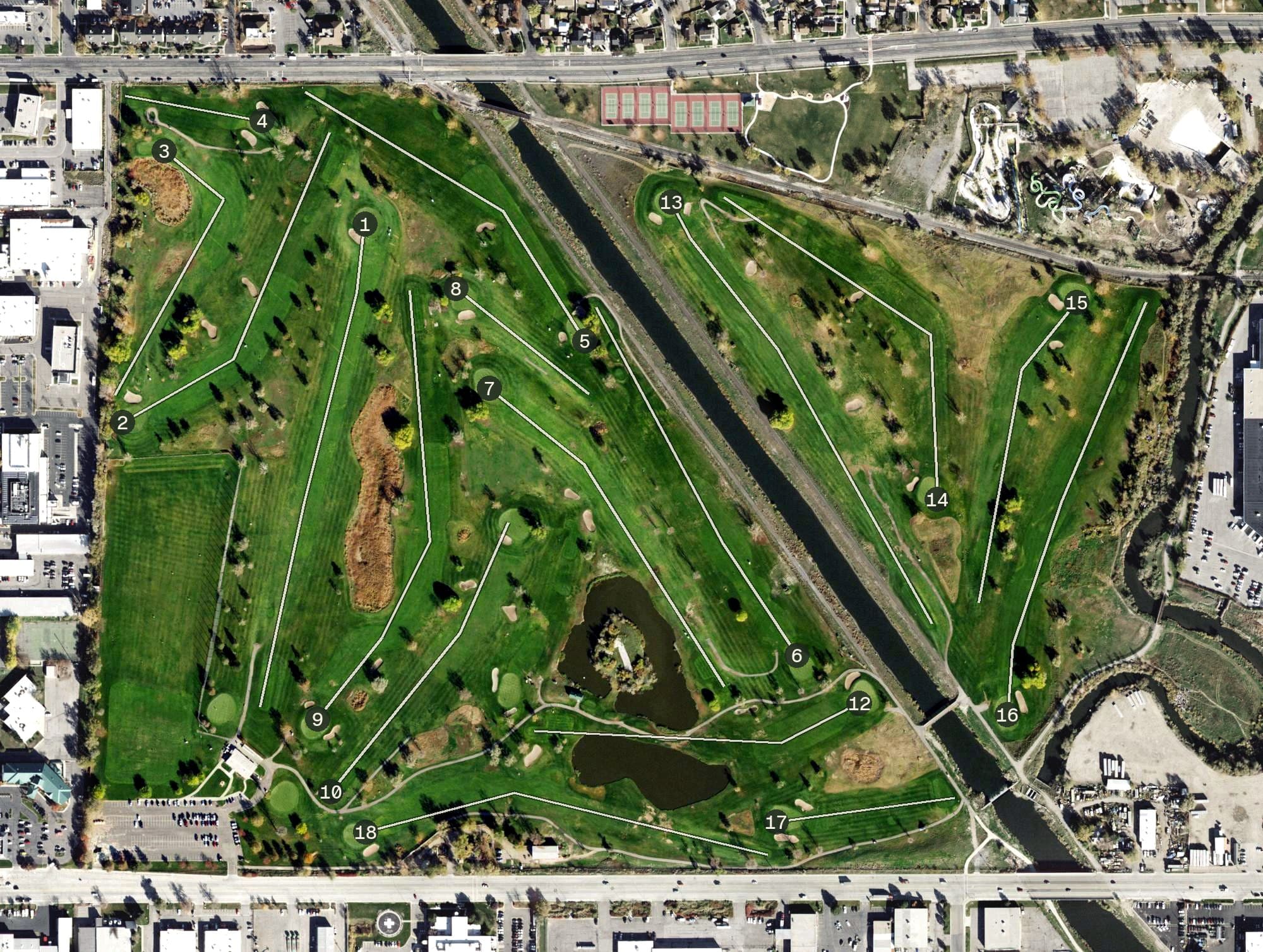 Aerial view of Glendale Golf Course, UT, with its hole routing marked