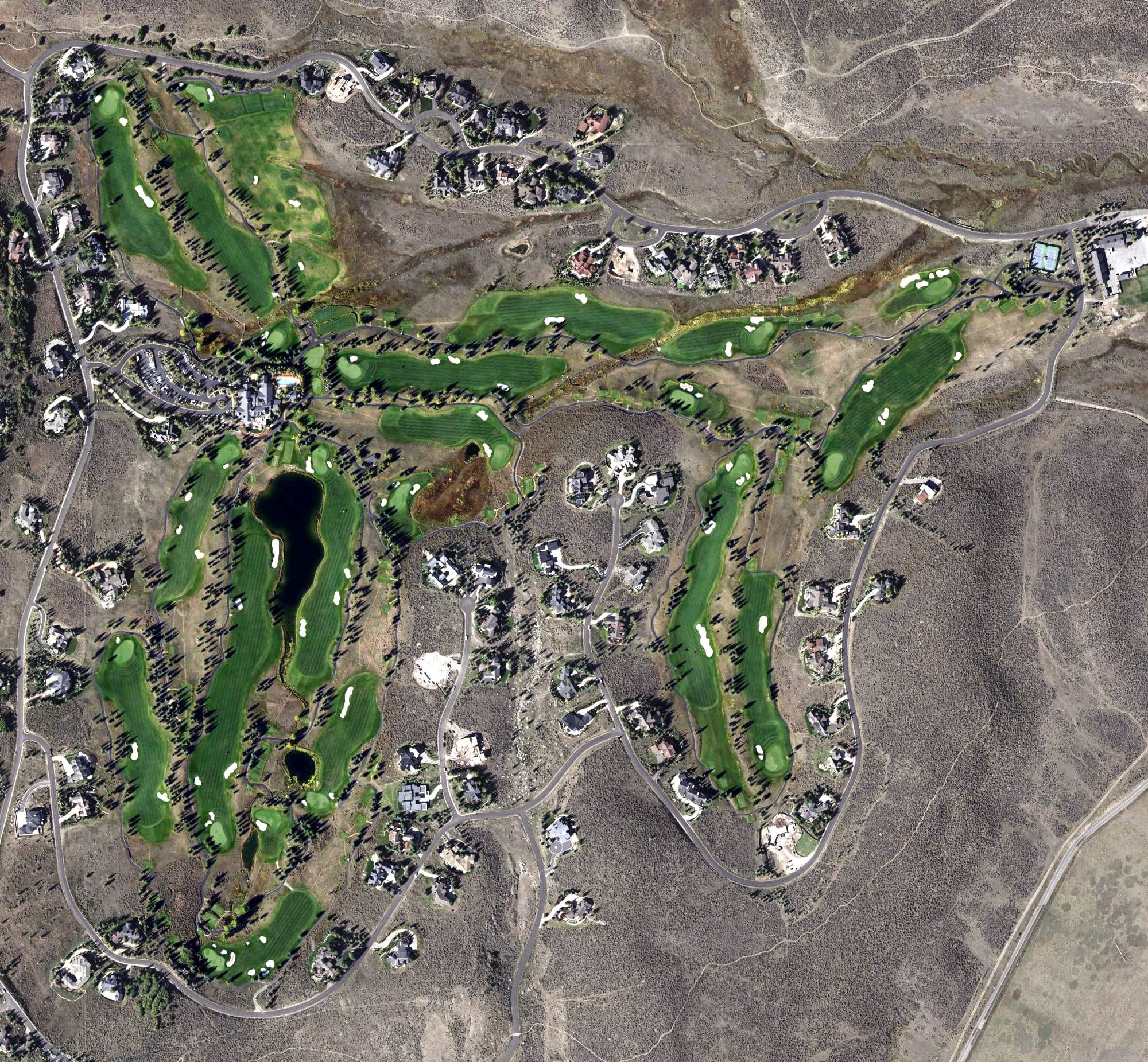 Aerial view of Glenwild Golf Club & Spa, UT, with its hole routing marked