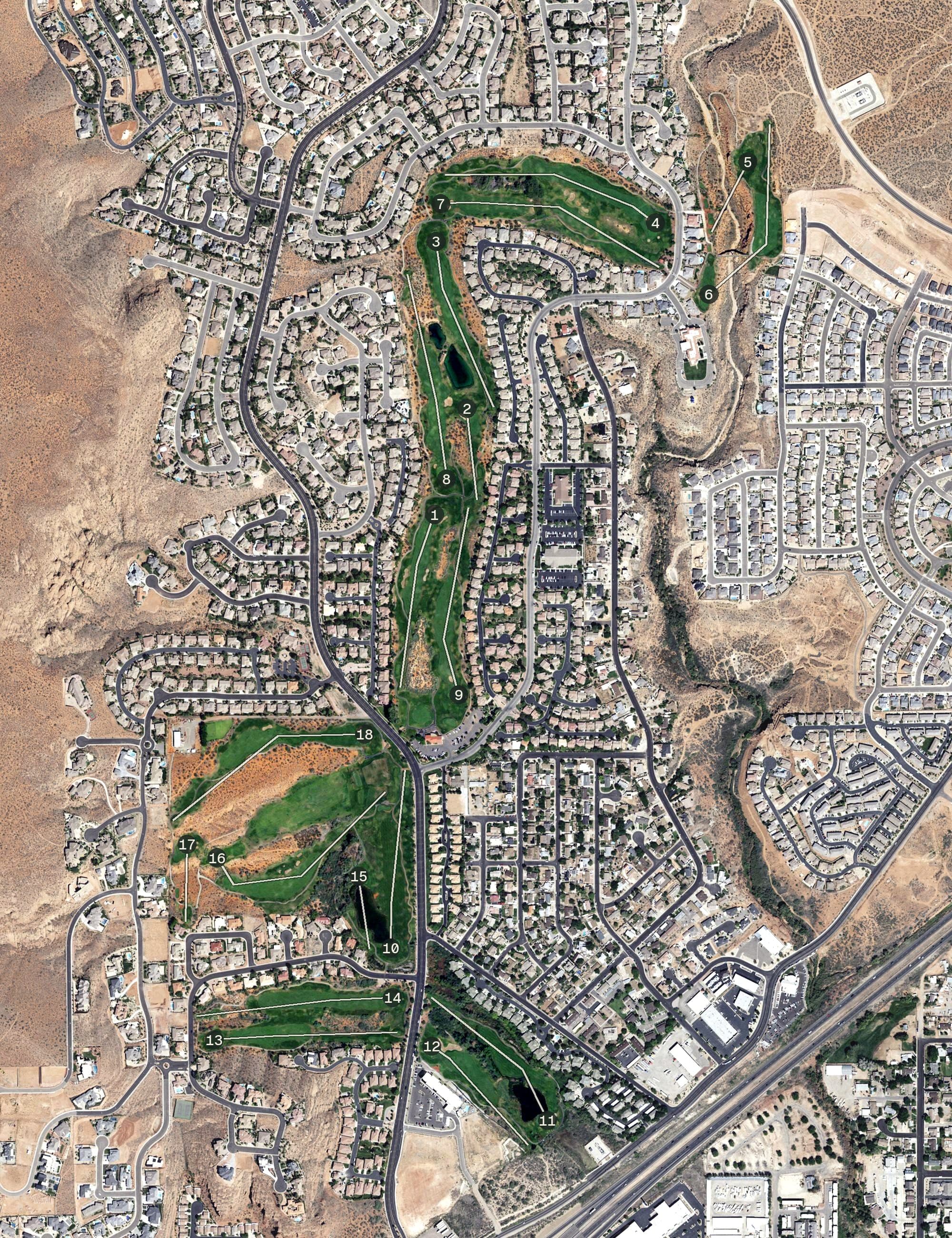 Aerial view of Green Spring Golf Course, UT, with its hole routing marked
