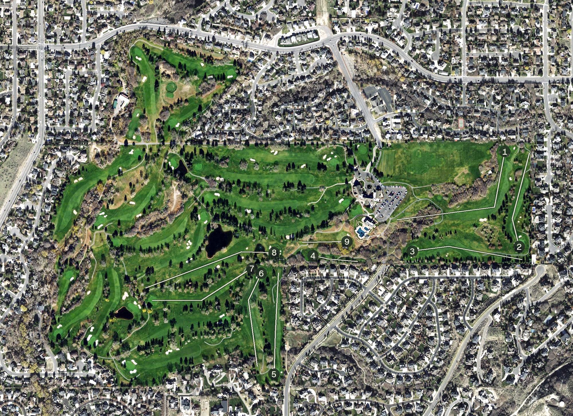 Aerial view of Hidden Valley Country Club, UT, with its hole routing marked
