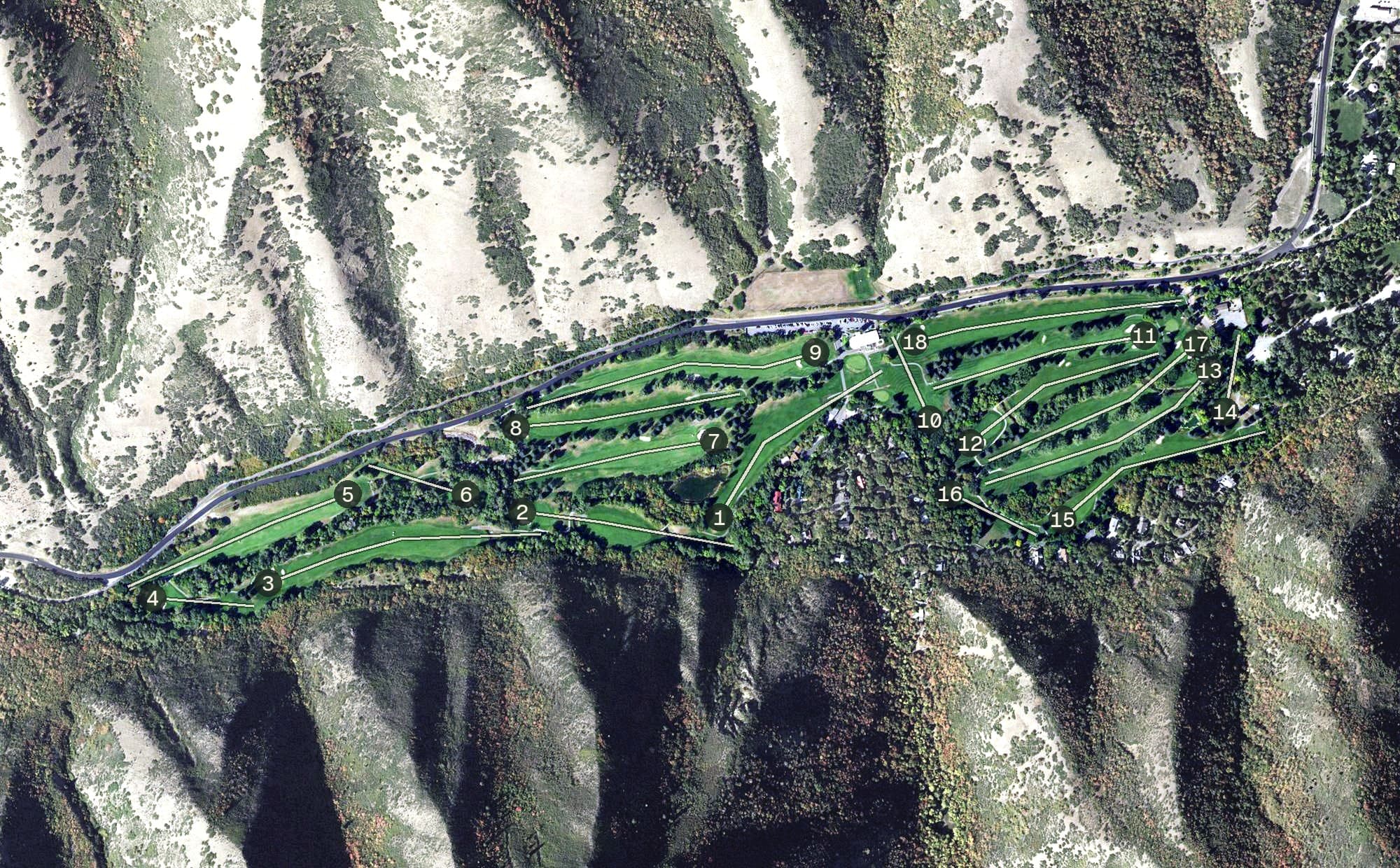 Aerial view of Hobble Creek Golf Course, UT, with its hole routing marked