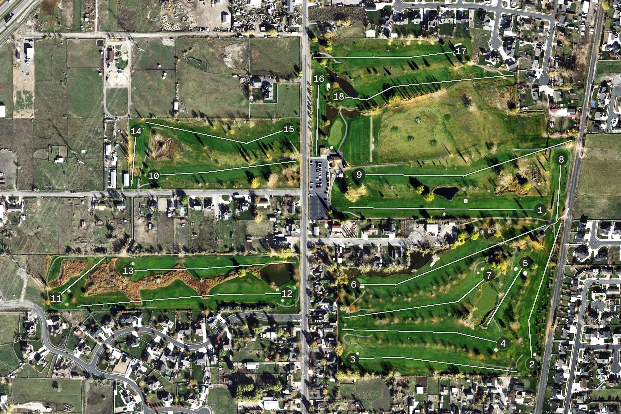 Aerial view of Lakeside Golf Course, UT, with its hole routing marked