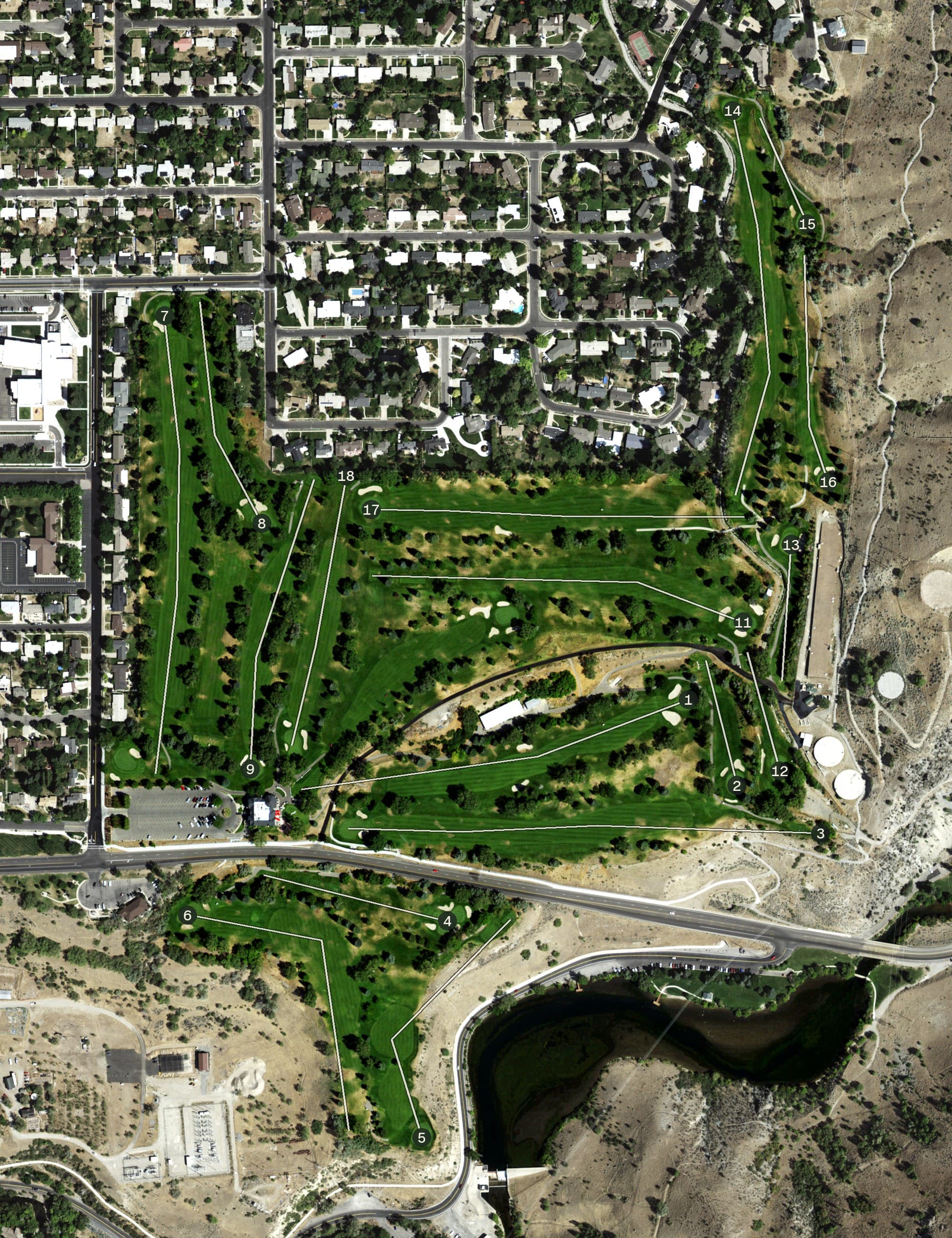 Aerial view of Logan Golf and Country Club, UT, with its hole routing marked