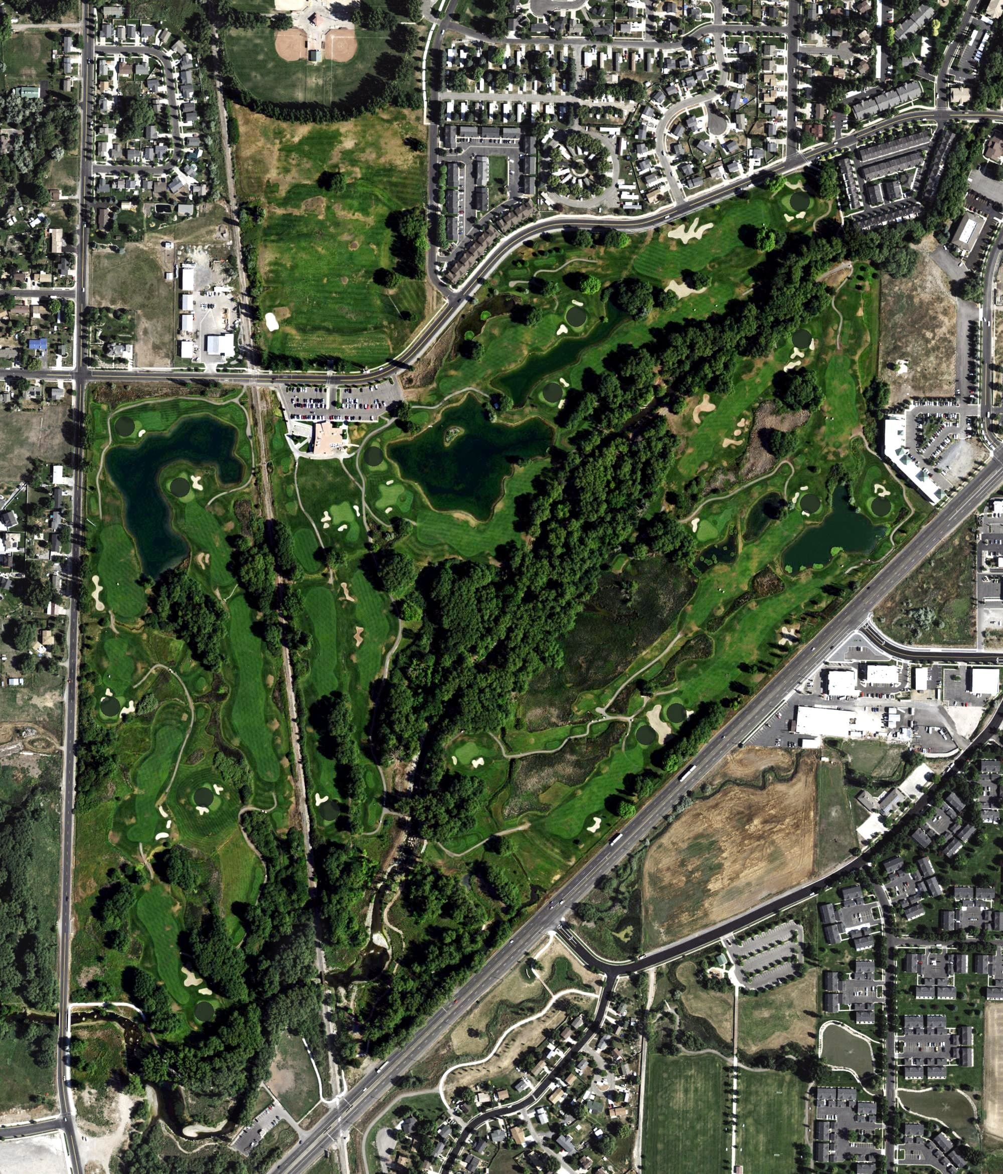 Aerial view of Logan River Golf Course, UT, with its hole routing marked