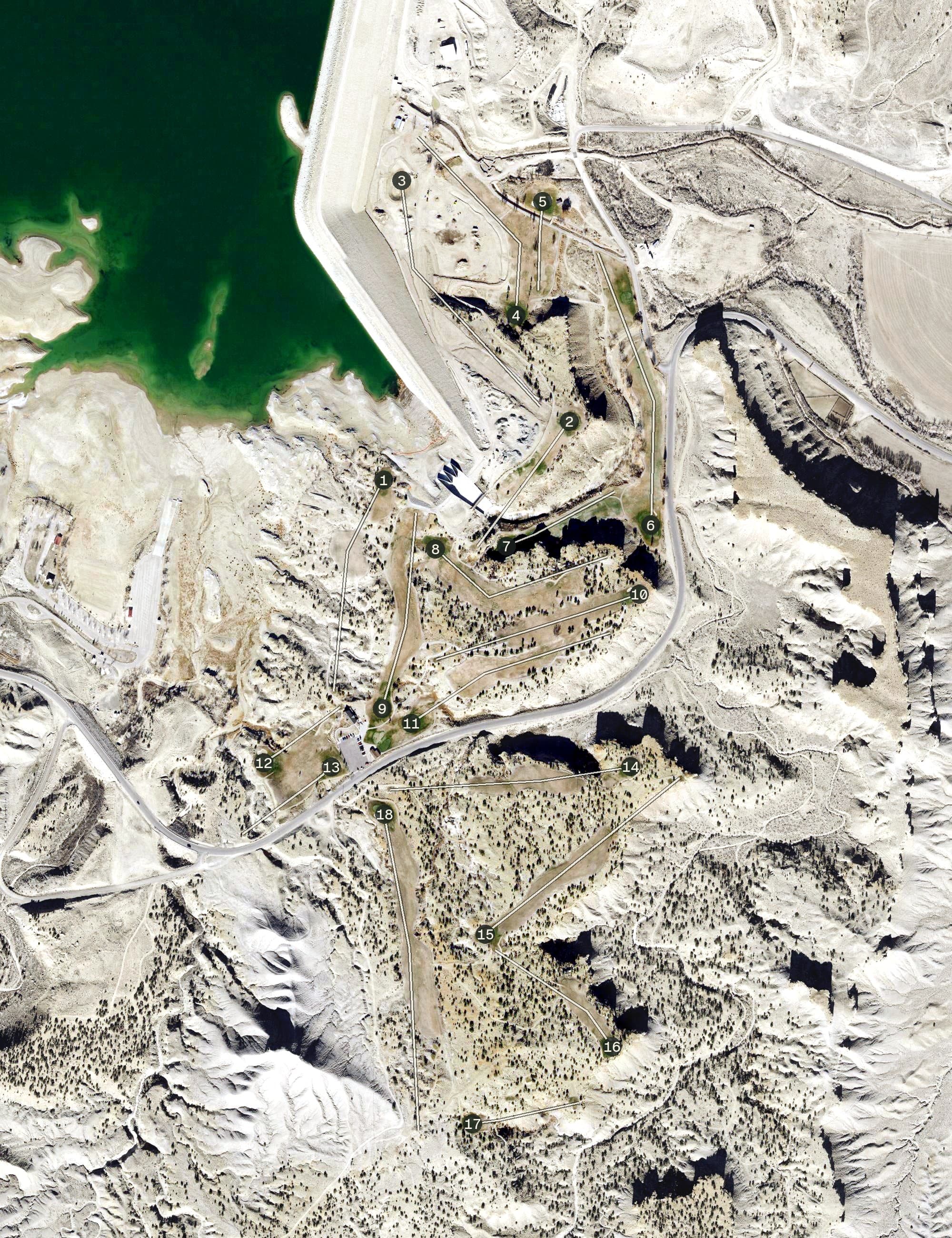 Aerial view of Millsite Golf Course, UT, with its hole routing marked