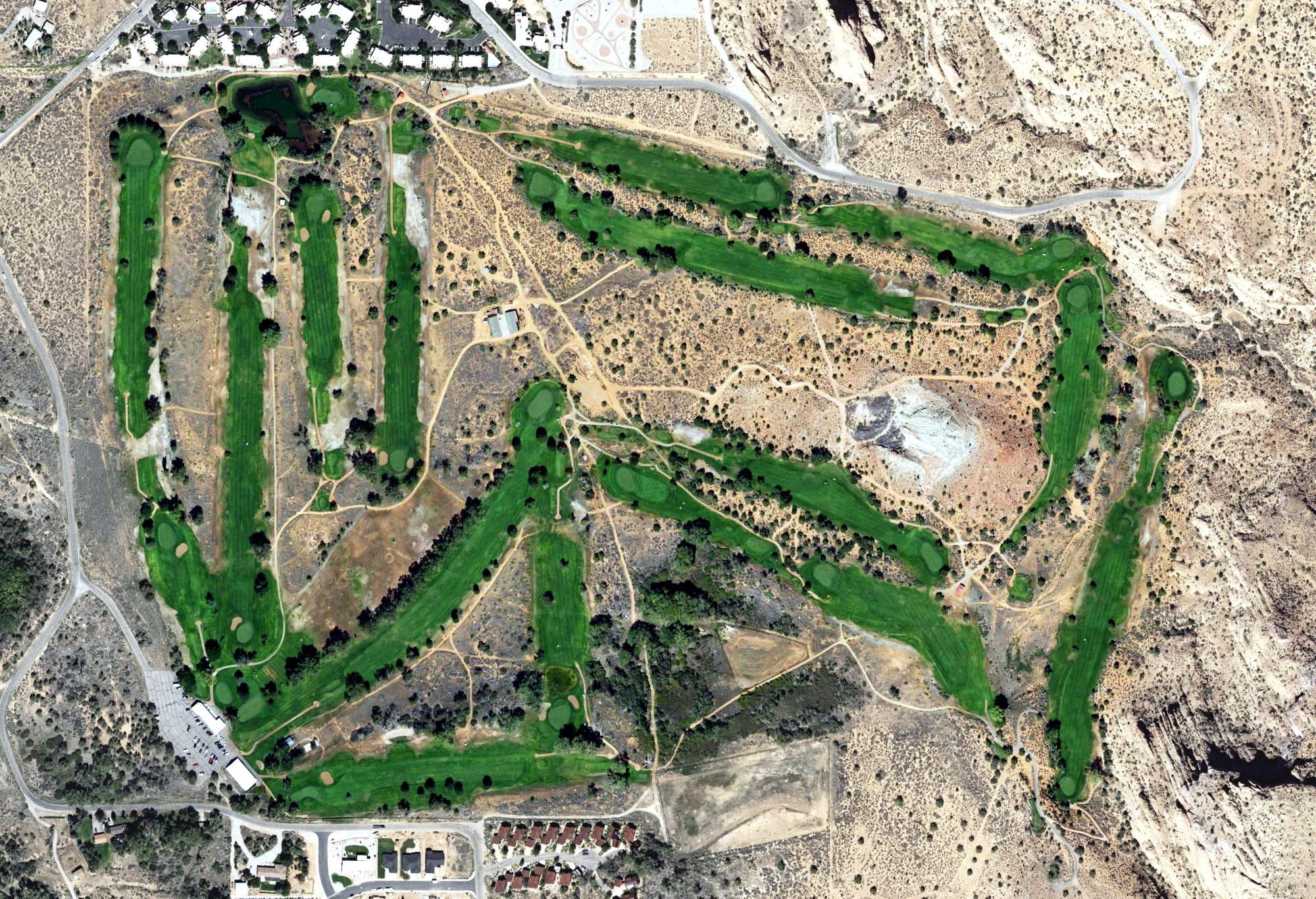 Aerial view of Moab Golf Club, UT, with its hole routing marked