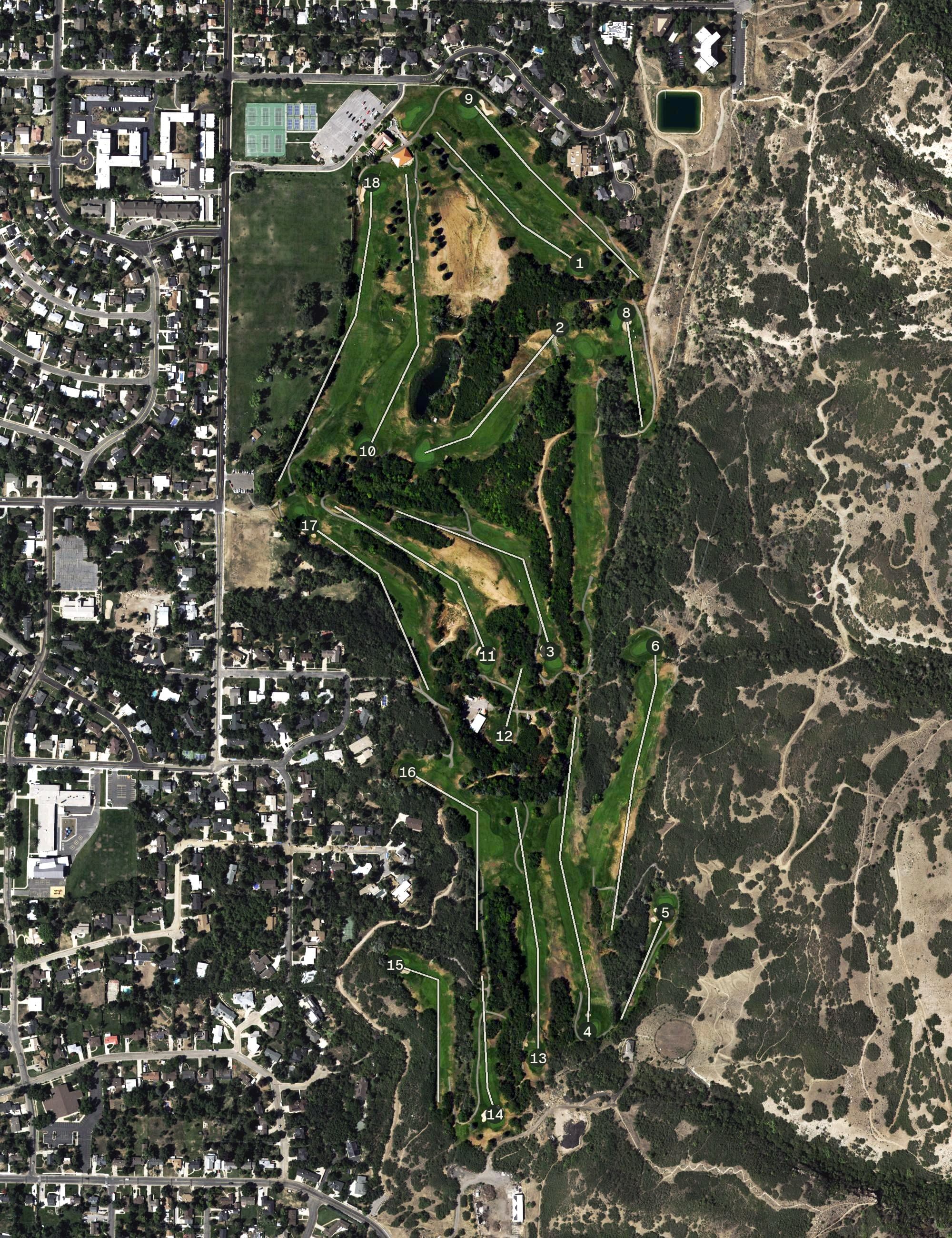 Aerial view of Mount Ogden Golf Course, UT, with its hole routing marked