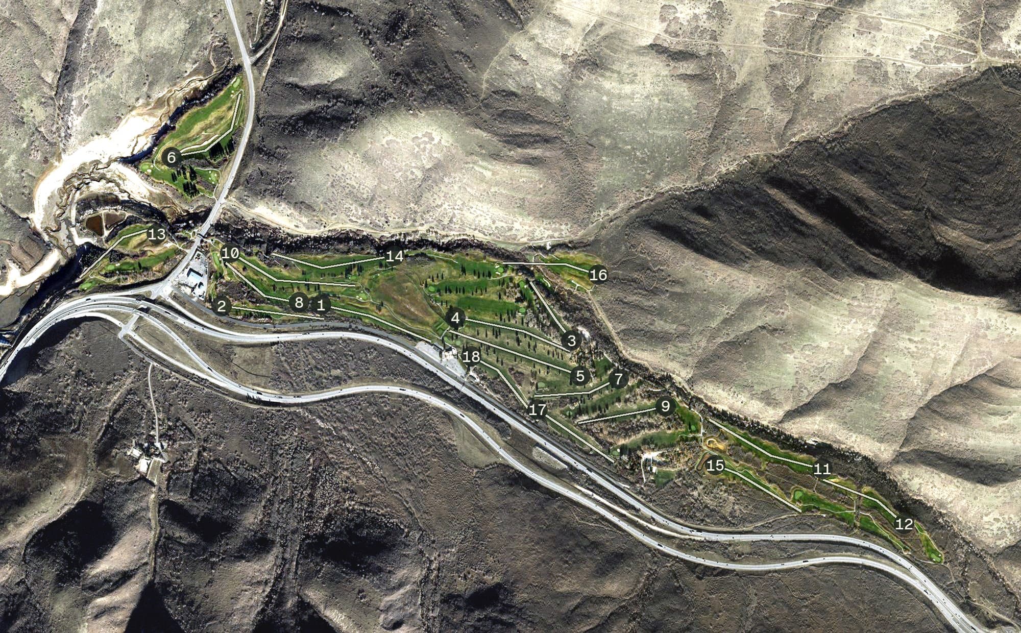 Aerial view of Mountain Dell Golf Course, UT, with its hole routing marked