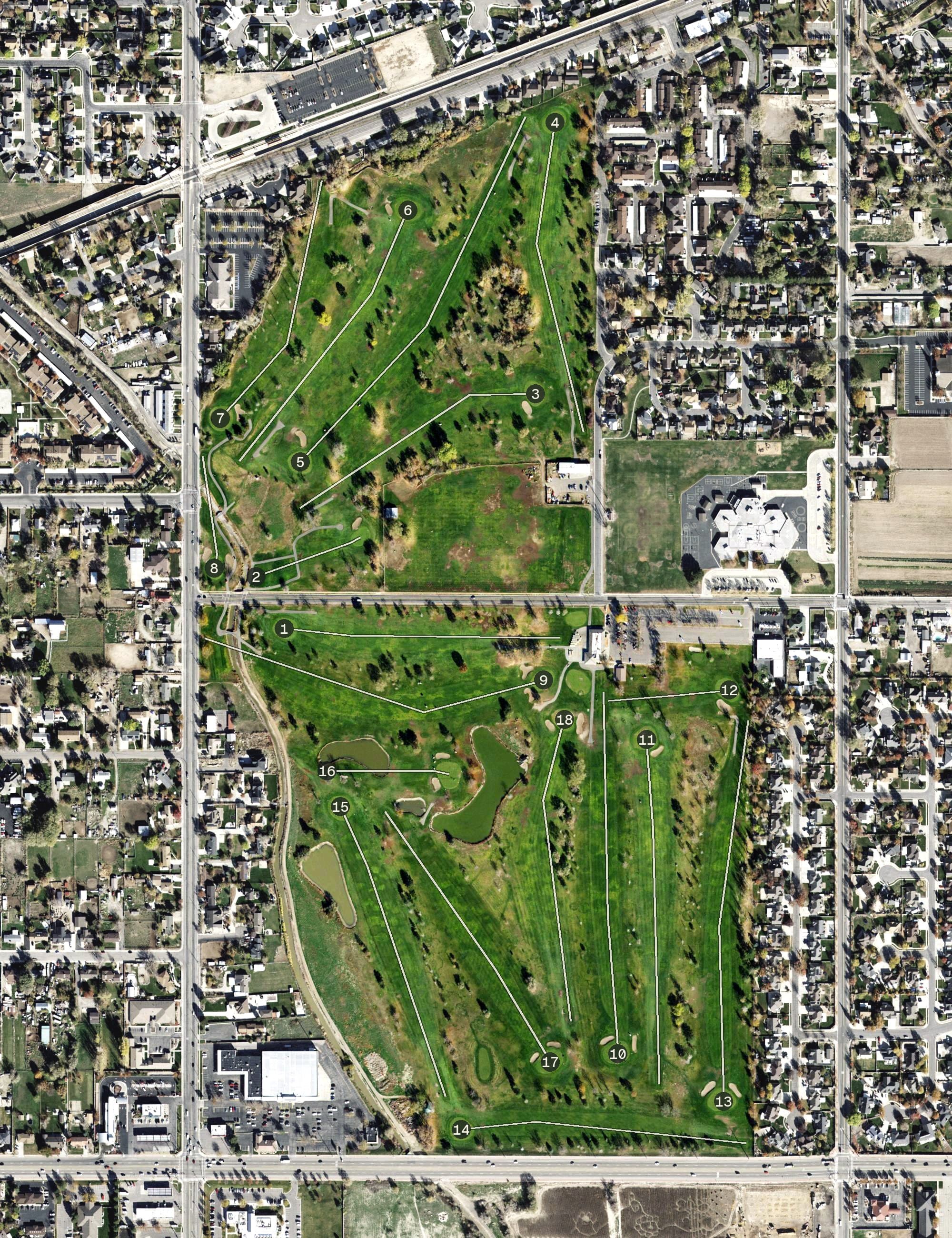 Aerial view of Mountain View Golf Course, UT, with its hole routing marked