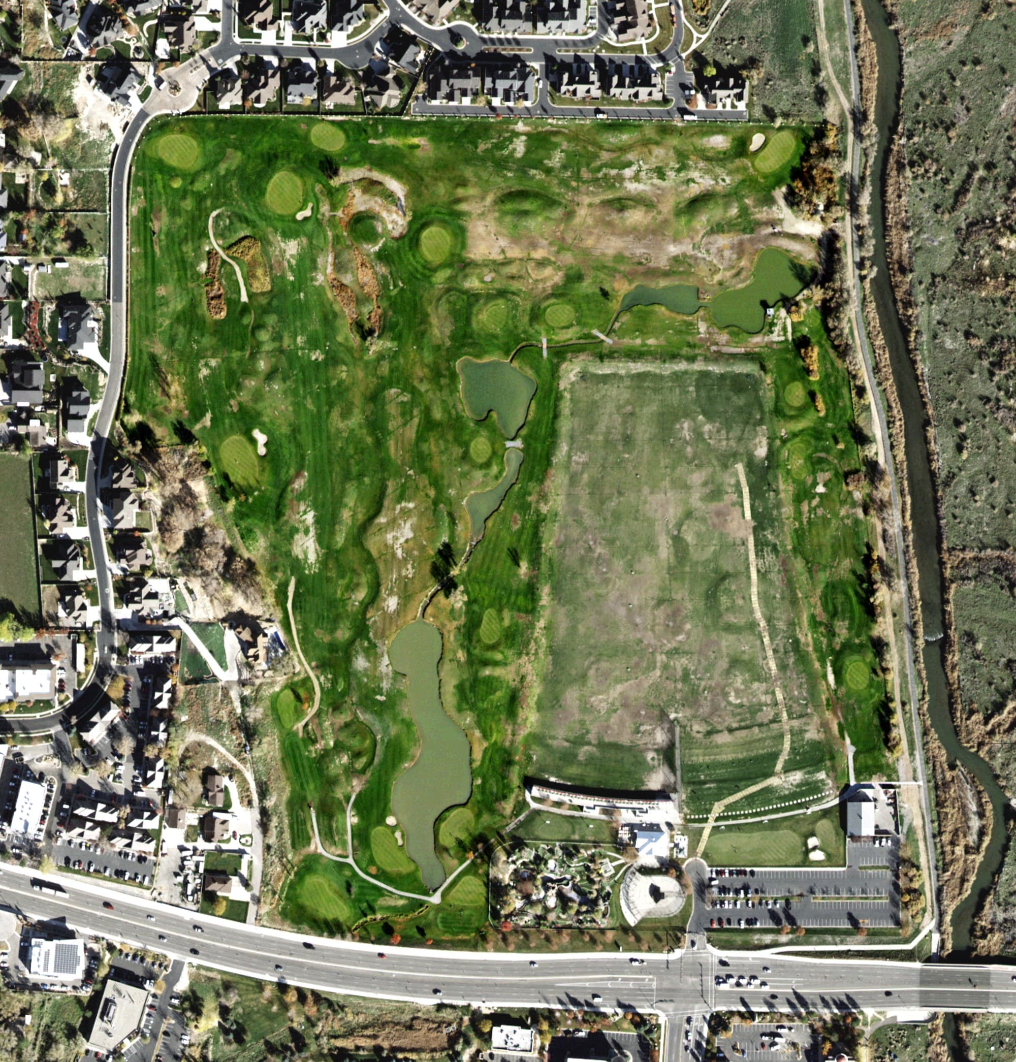 Aerial view of Mulligans Golf Course, UT, with its hole routing marked