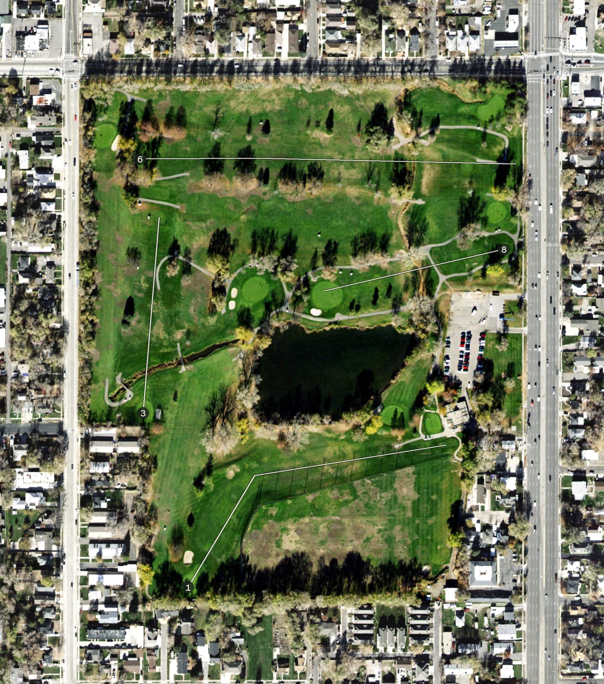 Aerial view of Nibley Park Golf Course, UT, with its hole routing marked
