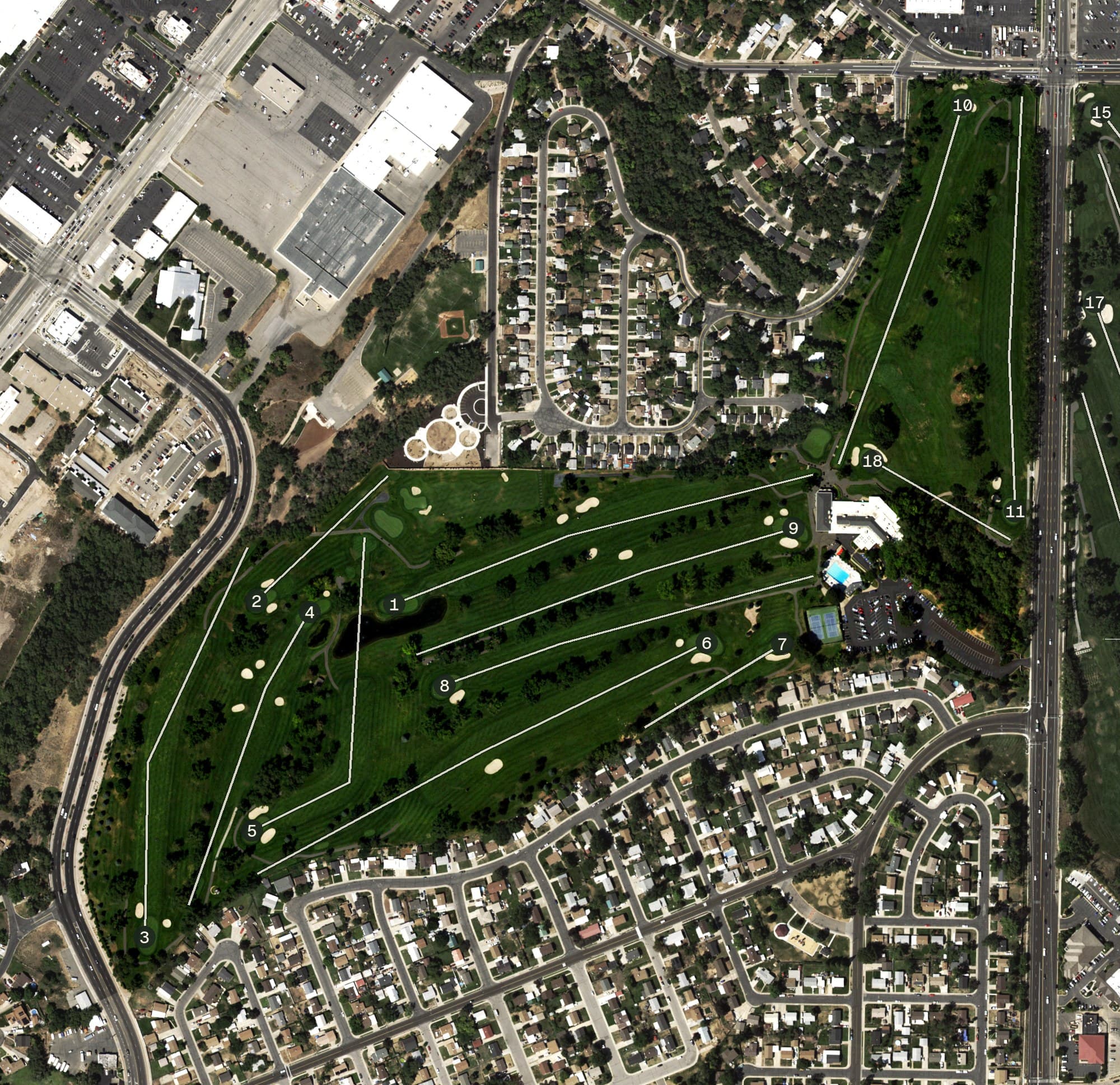 Aerial view of Ogden Golf and Country Club, UT, with its hole routing marked