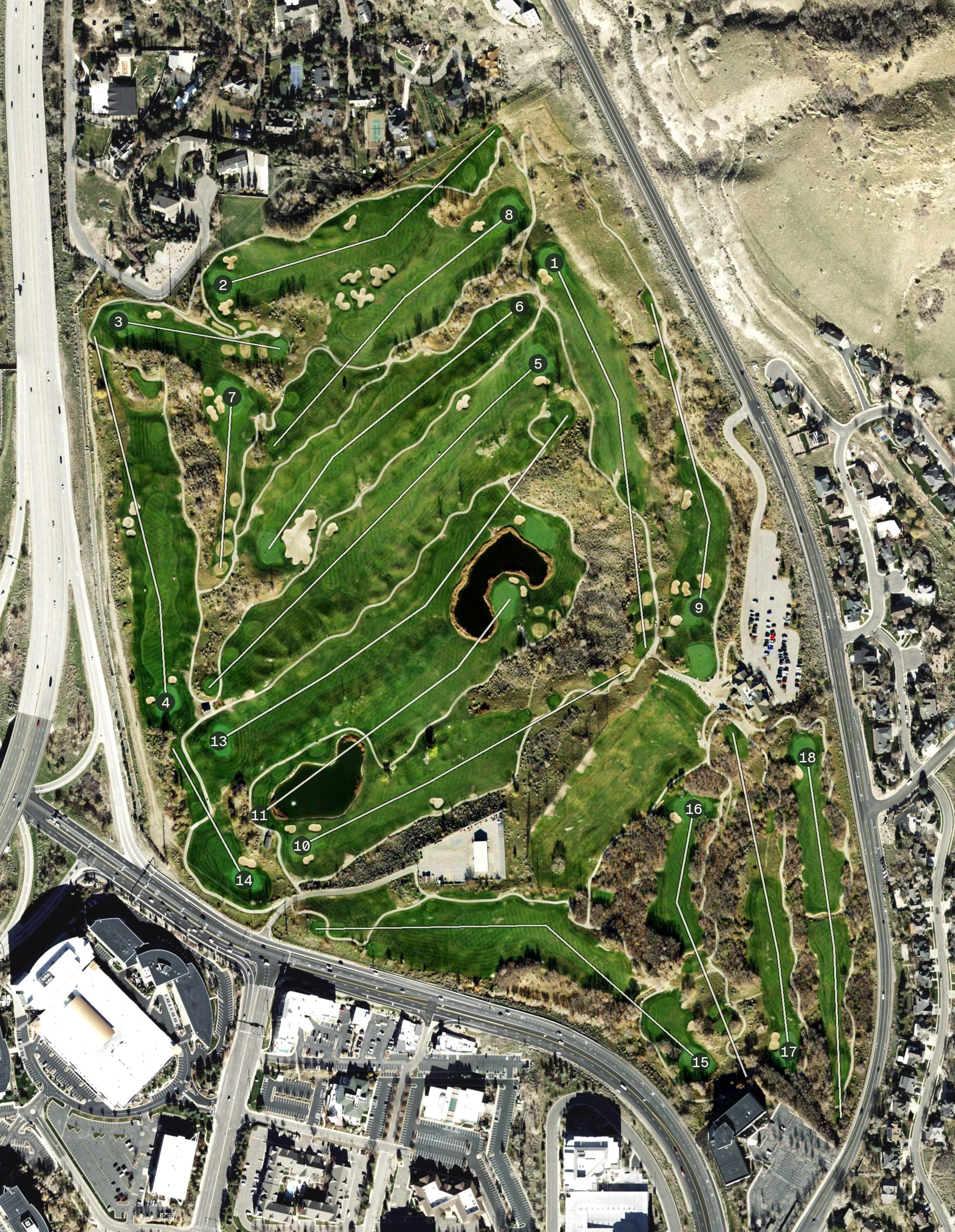 Aerial view of Old Mill Golf Course, UT, with its hole routing marked