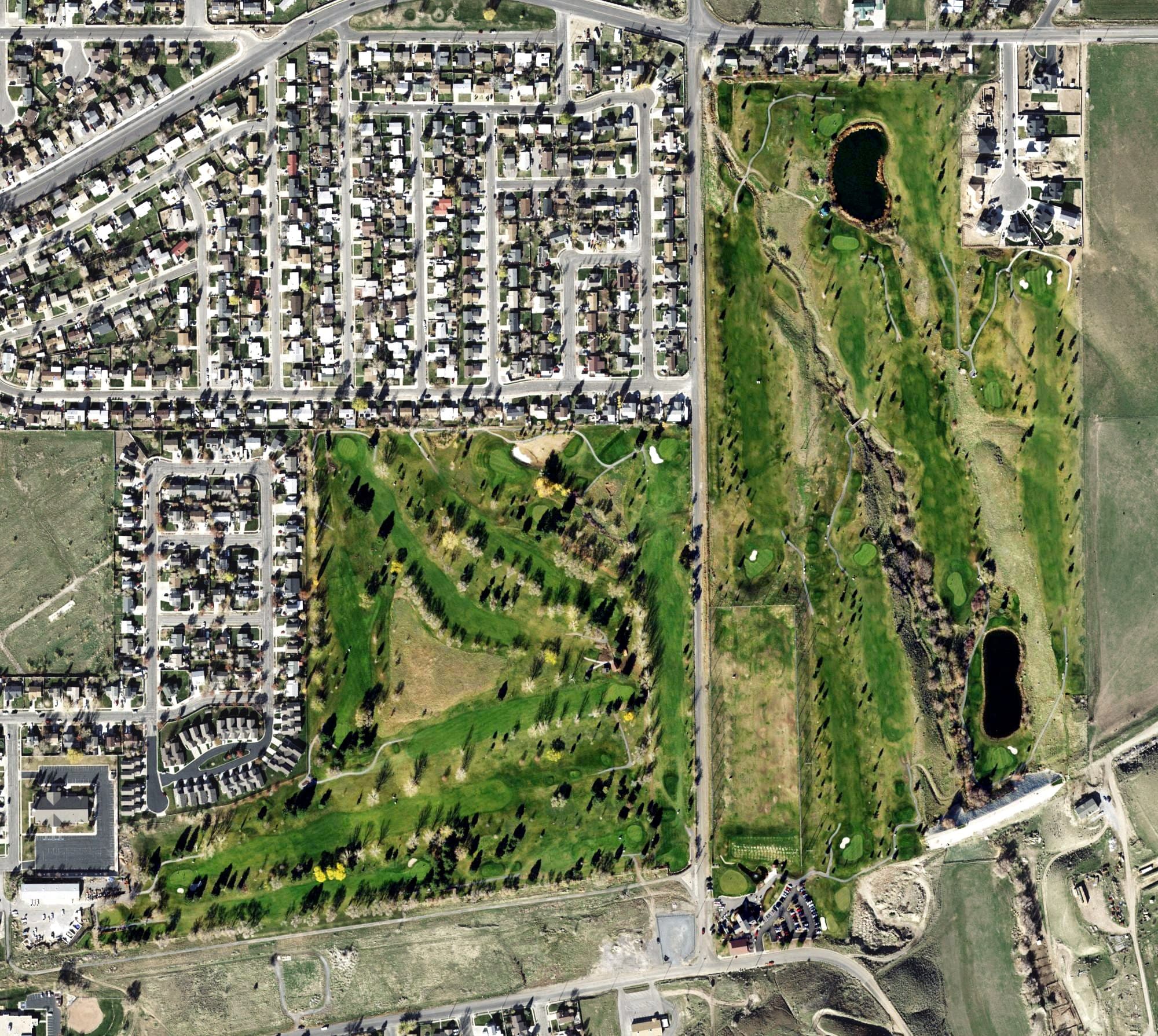 Aerial view of Oquirrh Hills Golf Course, UT, with its hole routing marked