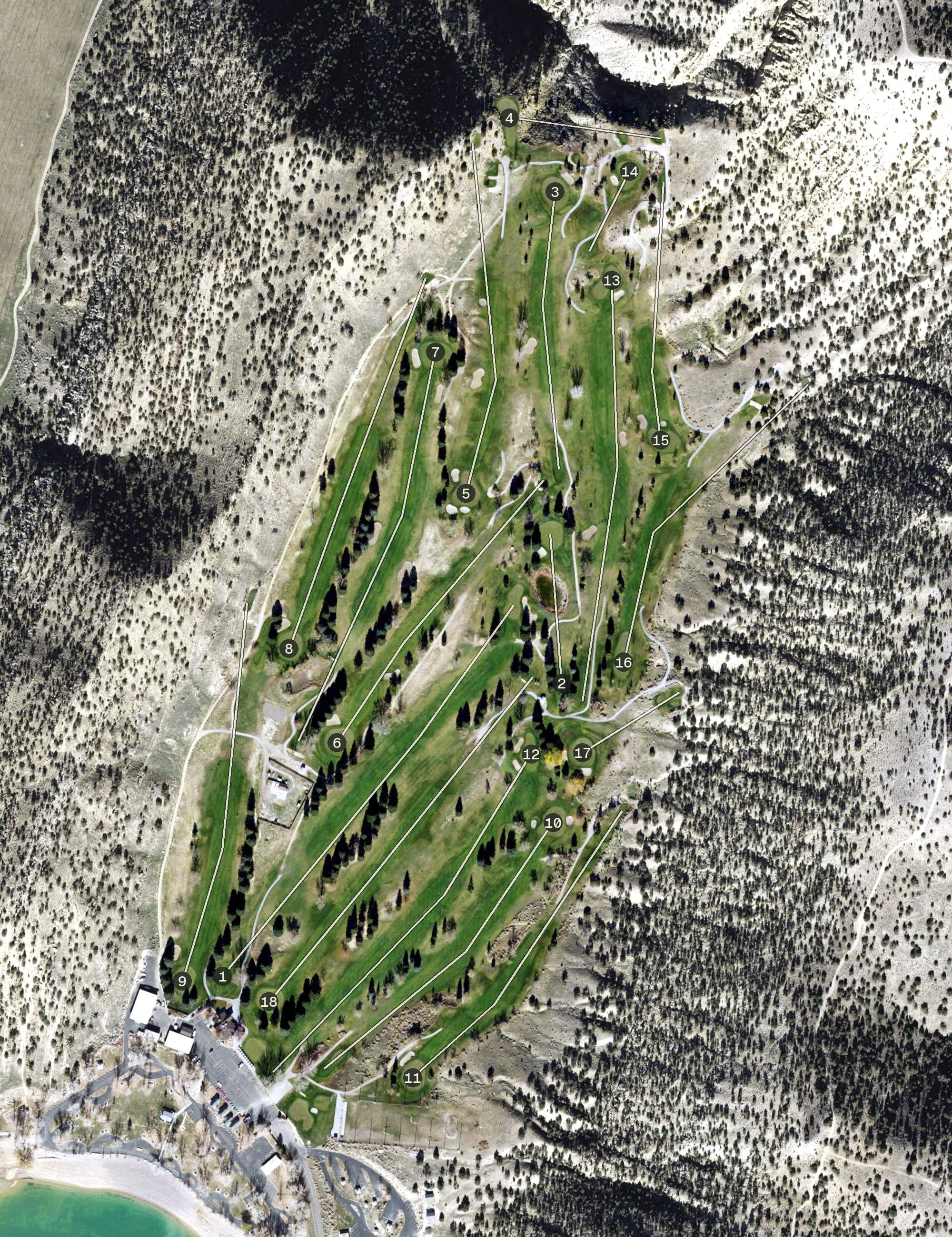 Aerial view of Palisade State Park Golf Course, UT, with its hole routing marked