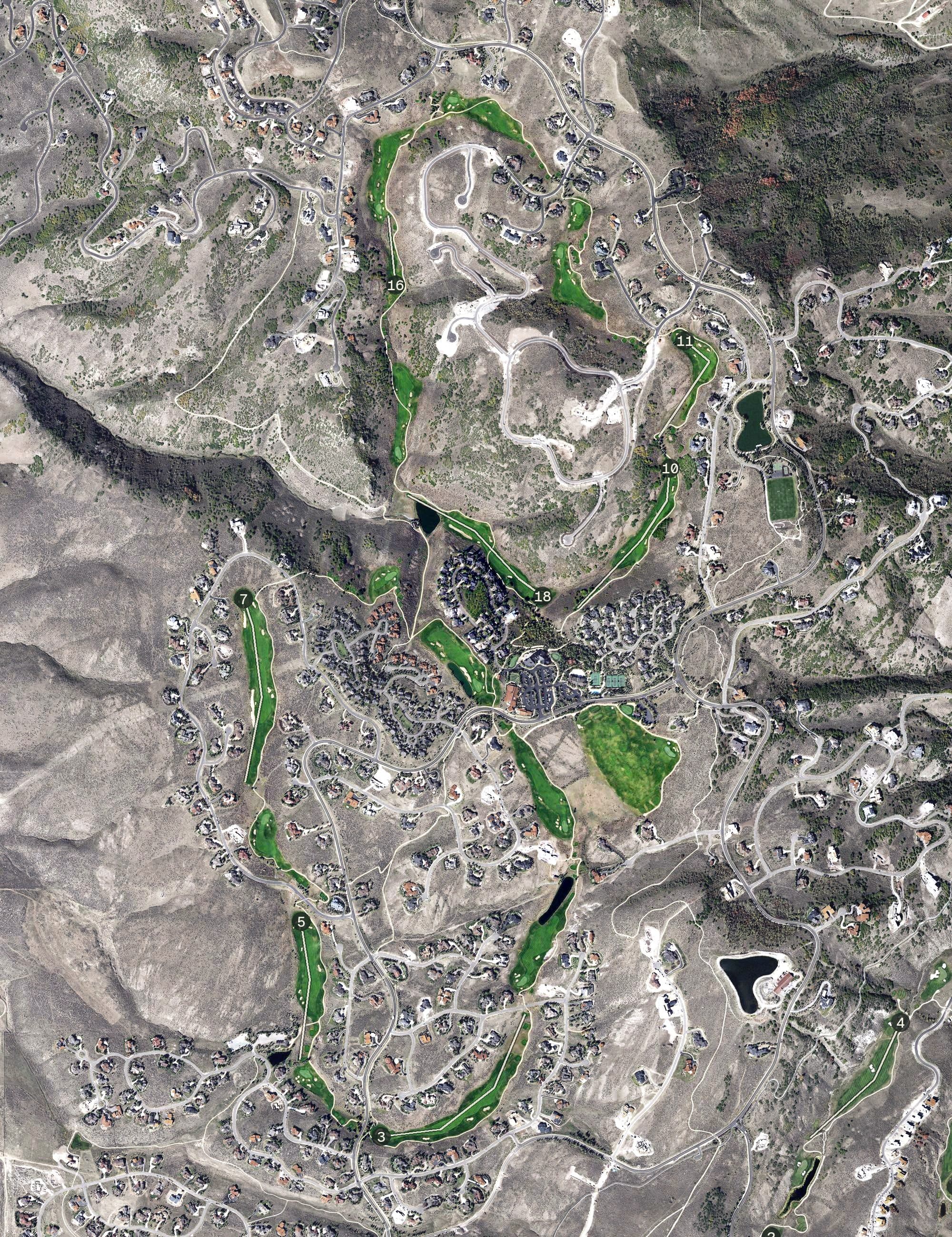 Aerial view of Promontory Club - Pete Dye Course, UT, with its hole routing marked