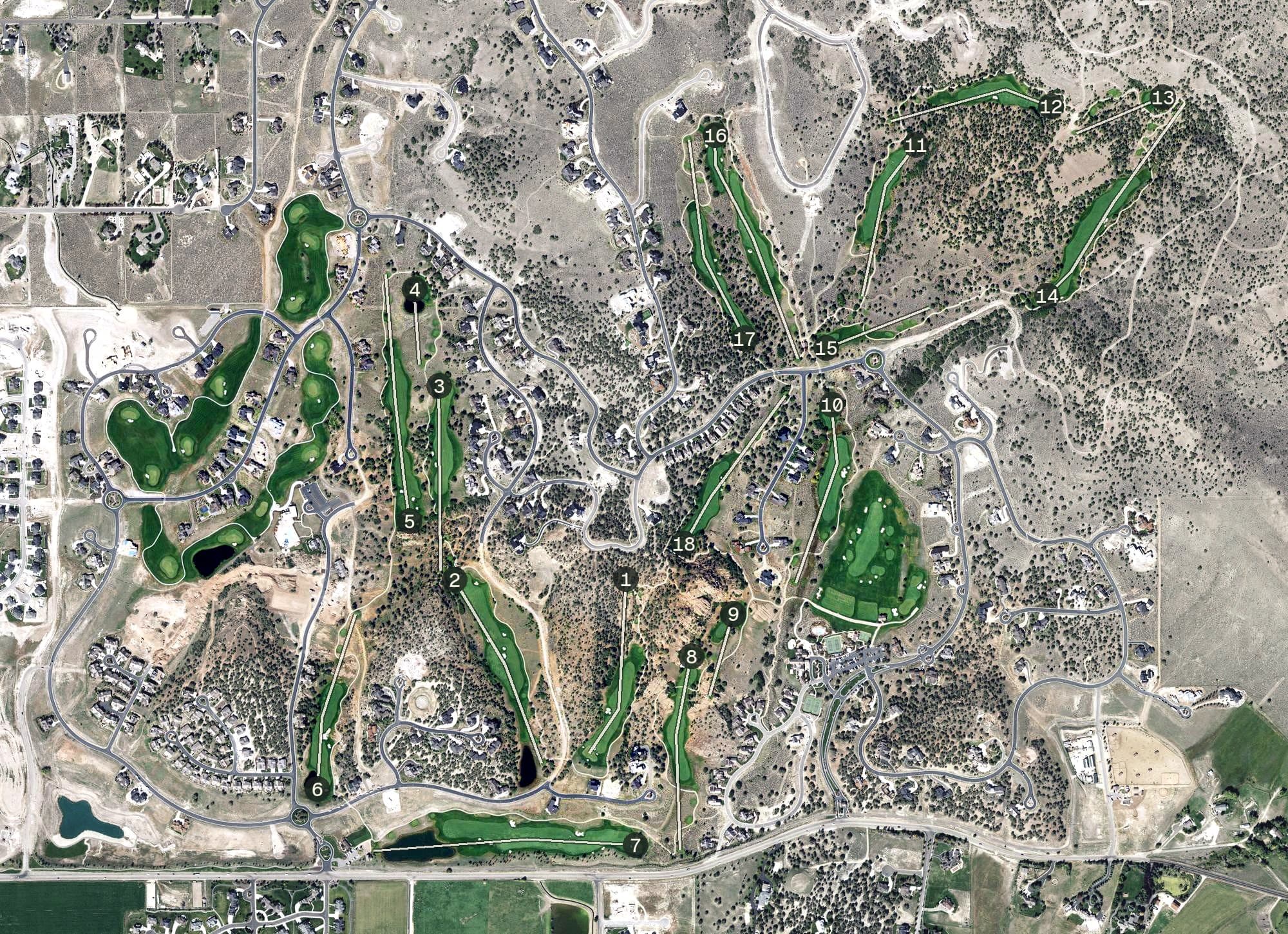 Aerial view of Red Ledges, UT, with its hole routing marked