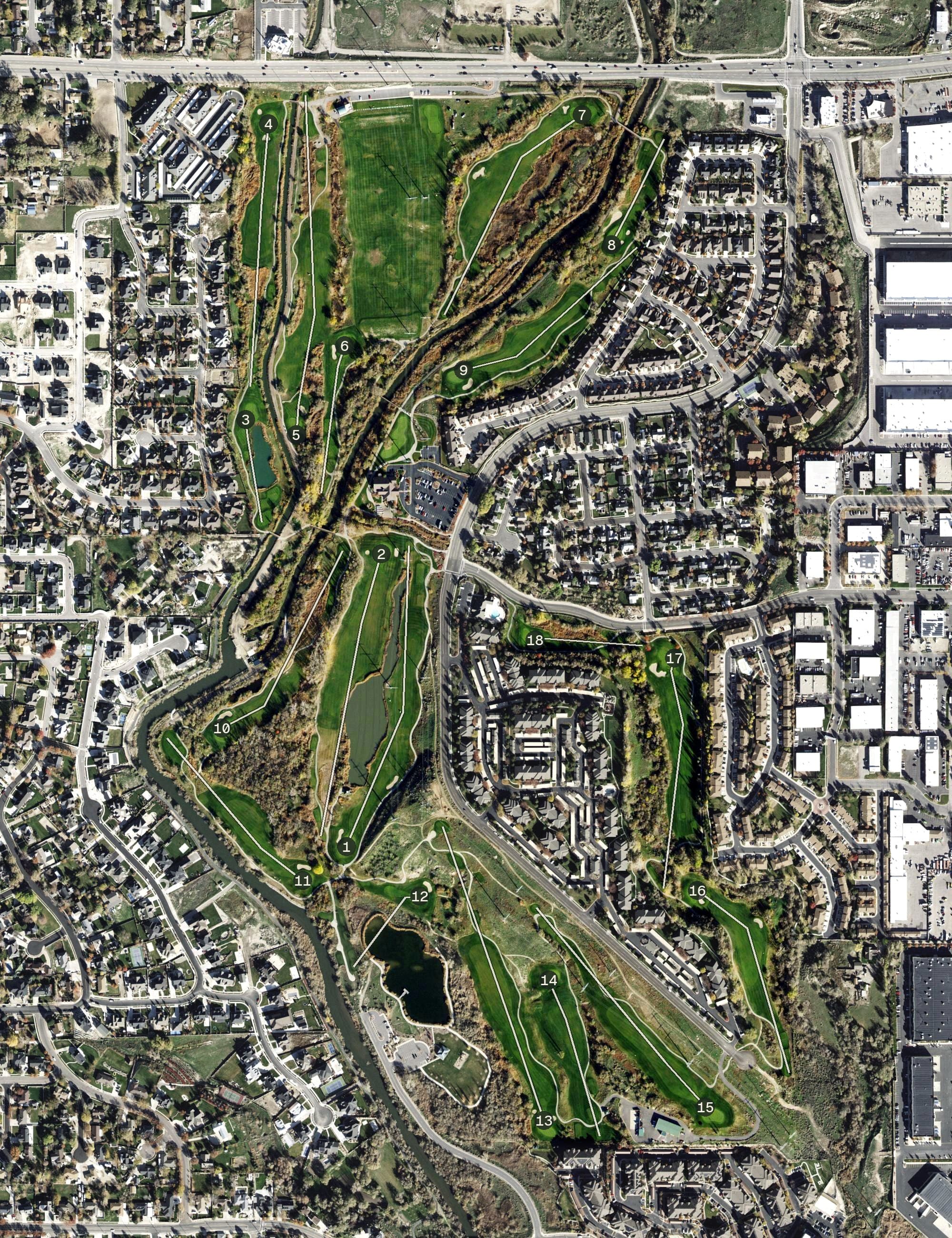 Aerial view of River Oaks Golf Course, UT, with its hole routing marked