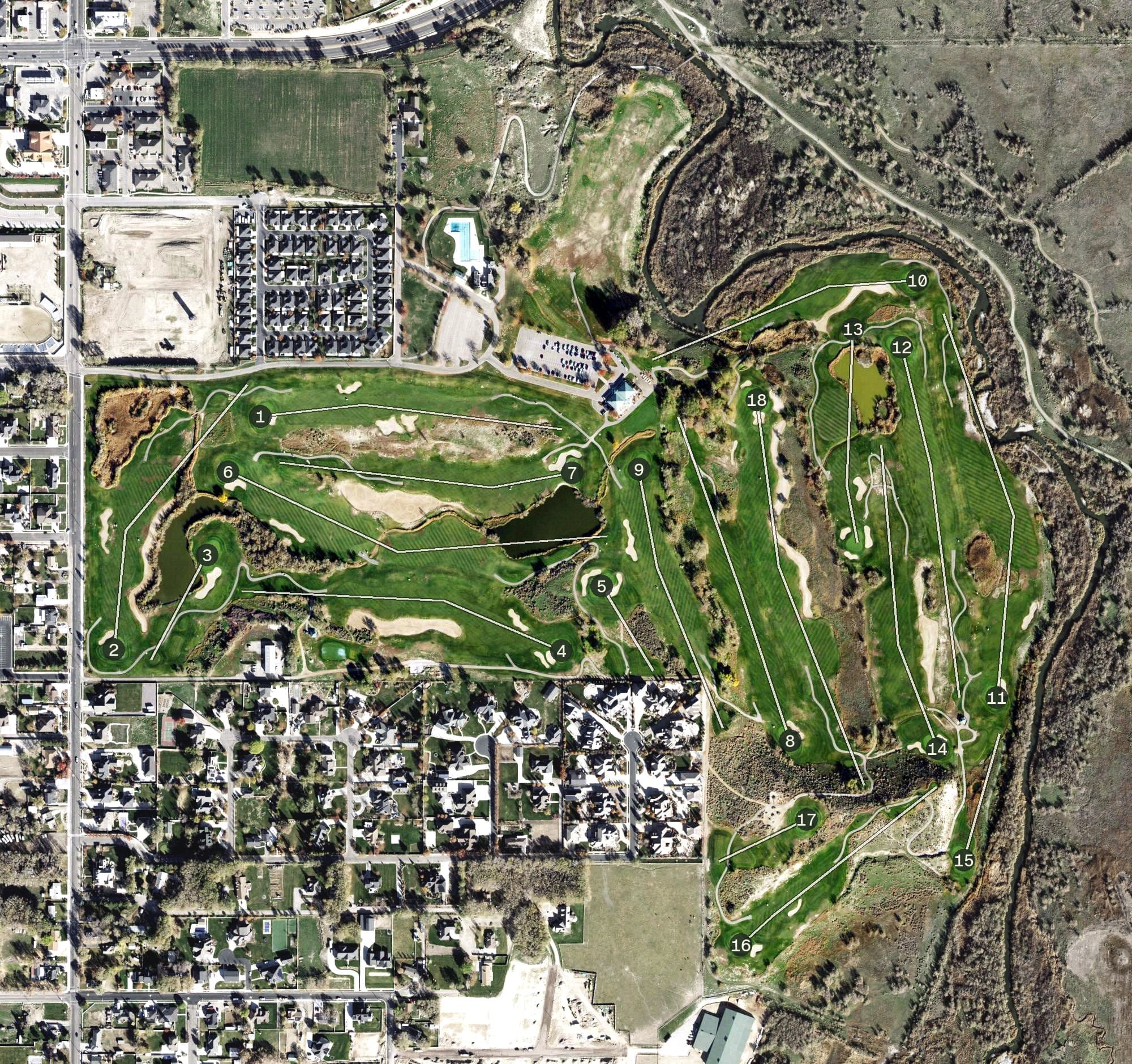 Aerial view of Riverbend Golf Course, UT, with its hole routing marked