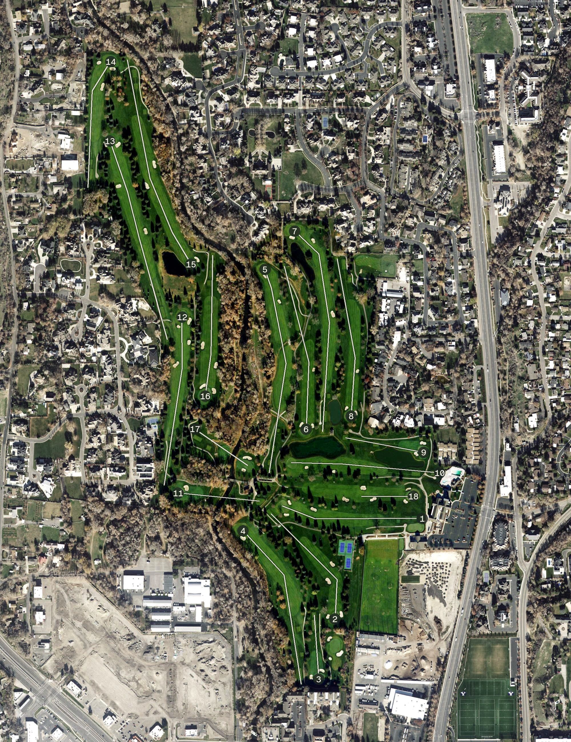 Aerial view of Riverside Country Club, UT, with its hole routing marked