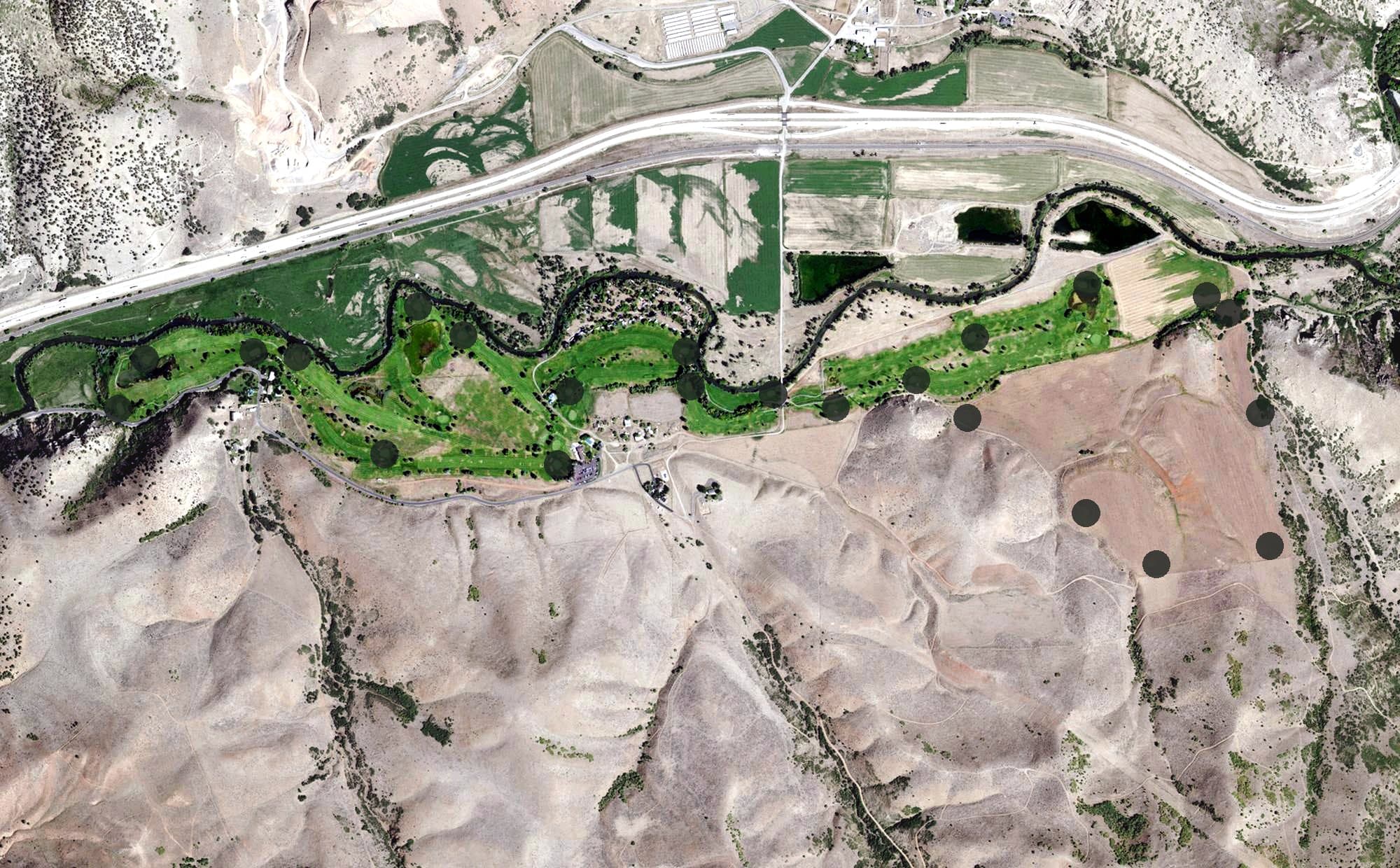 Aerial view of Round Valley Golf Course, UT, with its hole routing marked