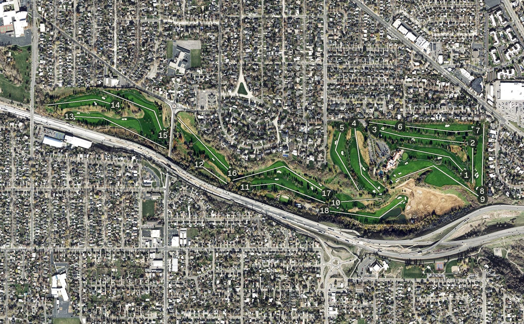 Aerial view of Salt Lake Country Club, UT, with its hole routing marked