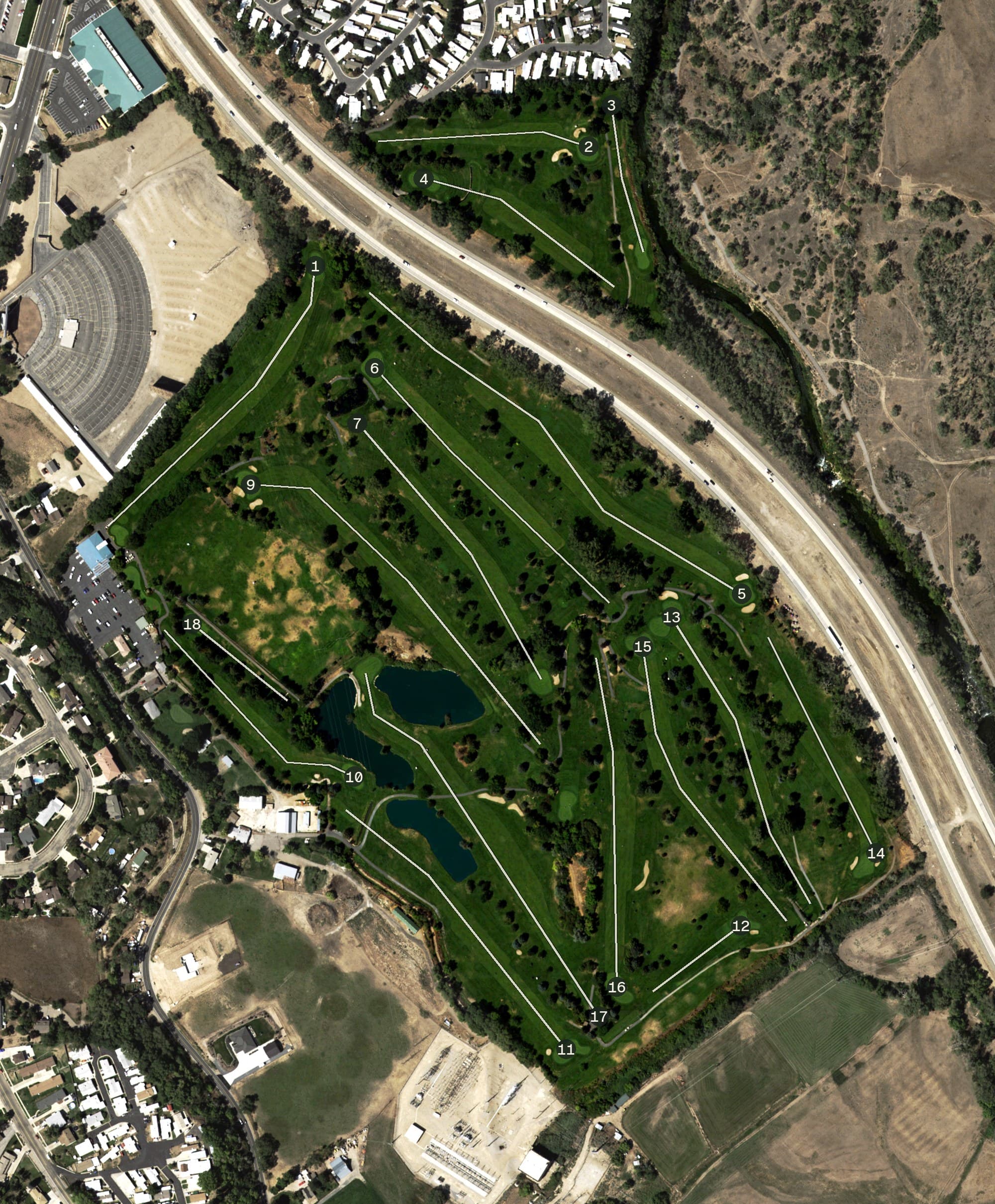 Aerial view of Schneiters Riverside Golf Course, UT, with its hole routing marked