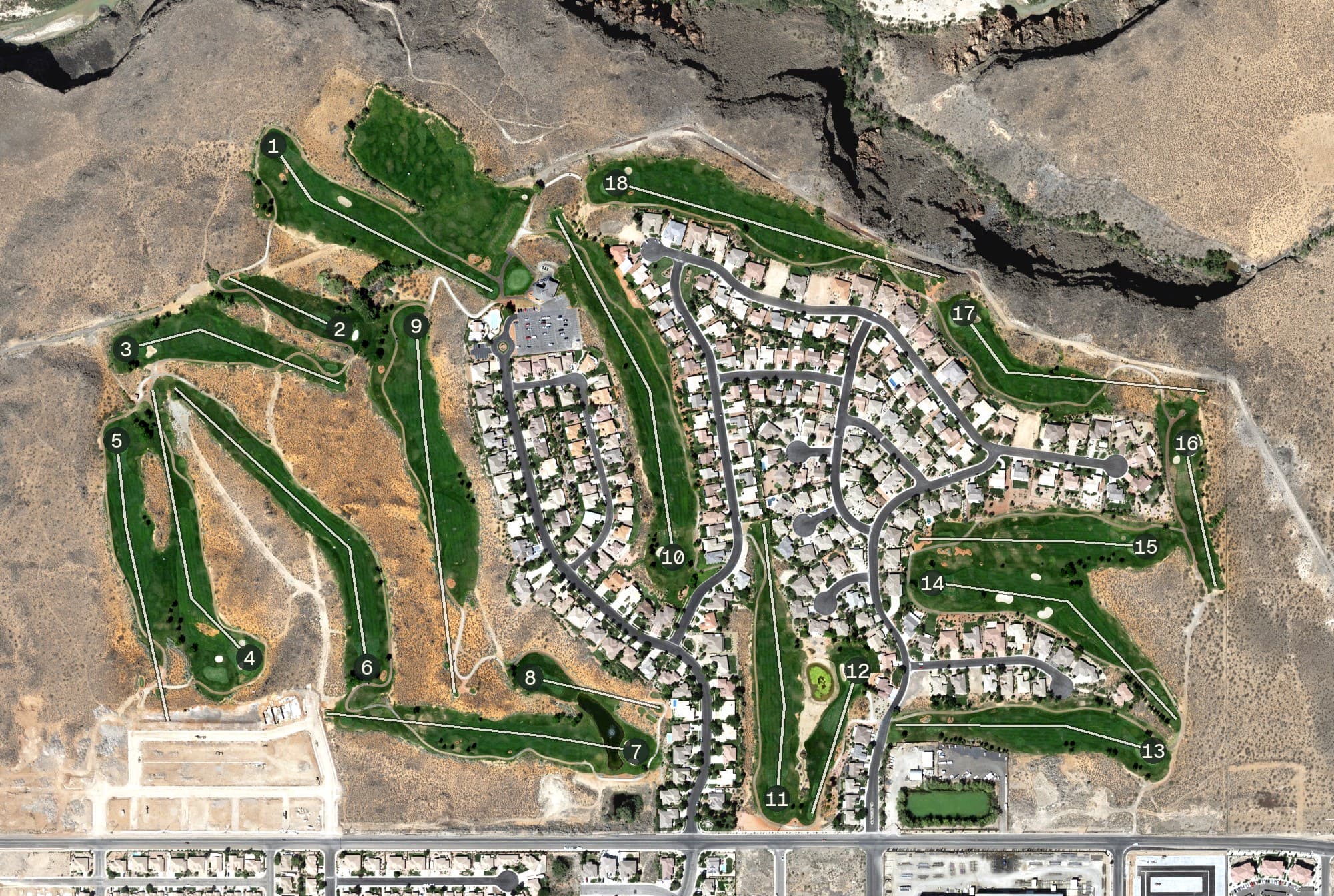 Aerial view of Sky Mountain Golf Course, UT, with its hole routing marked