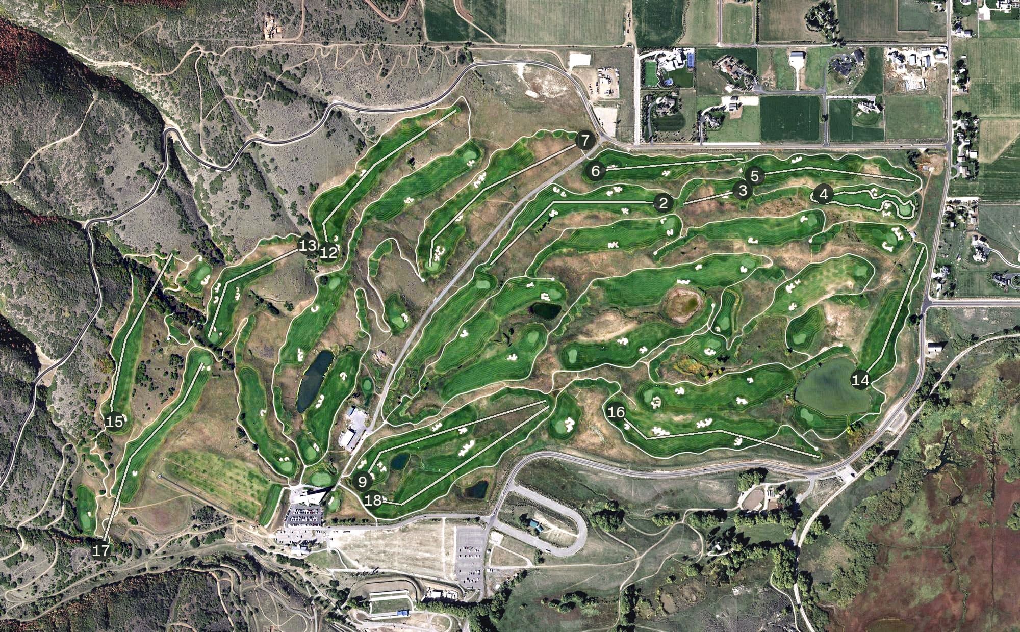 Aerial view of Soldier Hollow Golf Course, UT, with its hole routing marked