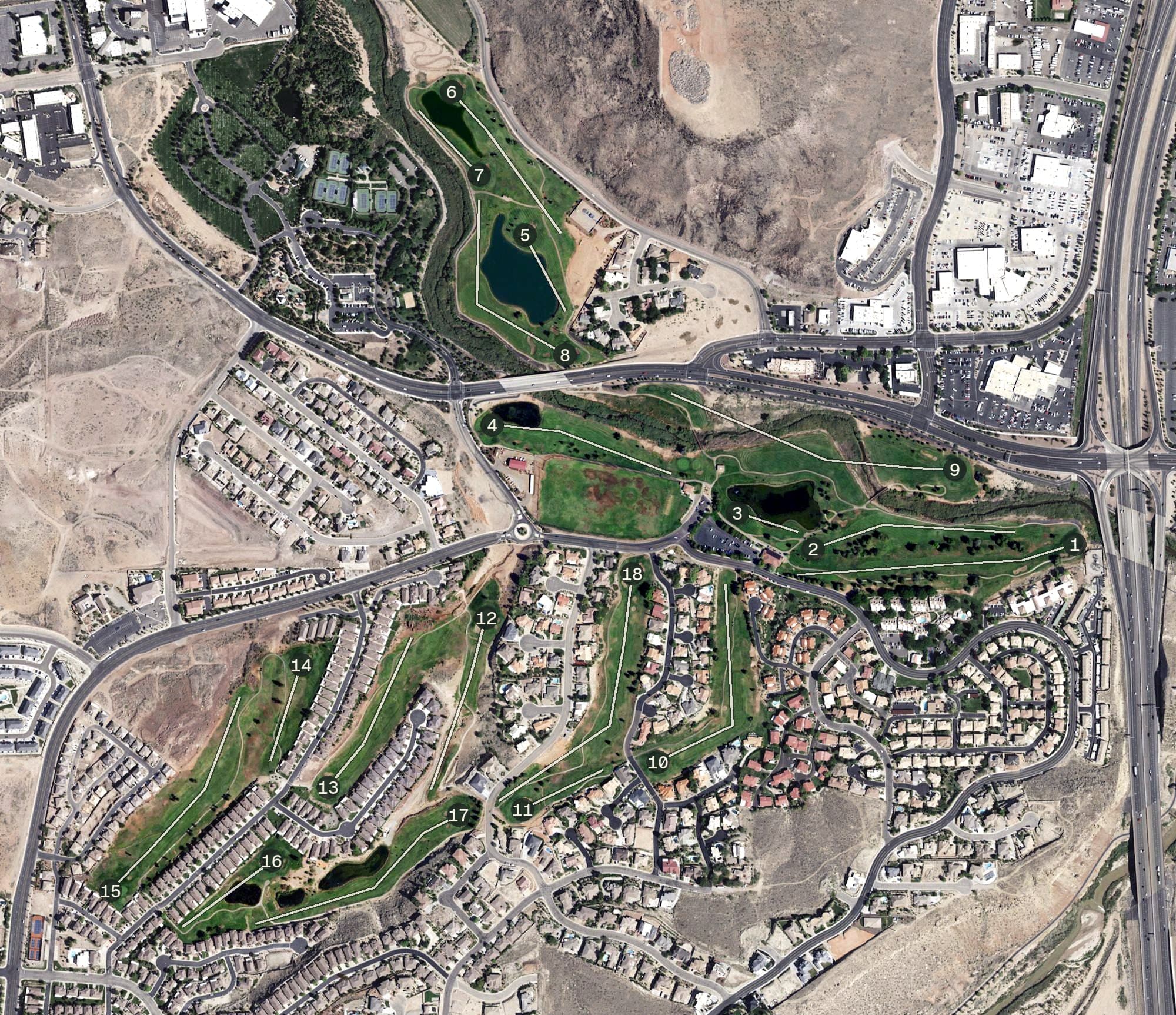 Aerial view of Southgate Golf Course, UT, with its hole routing marked