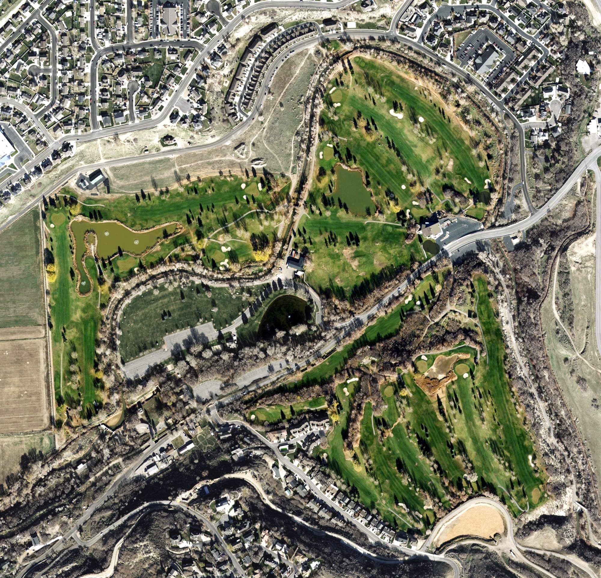 Aerial view of Spanish Oaks Golf Course, UT, with its hole routing marked