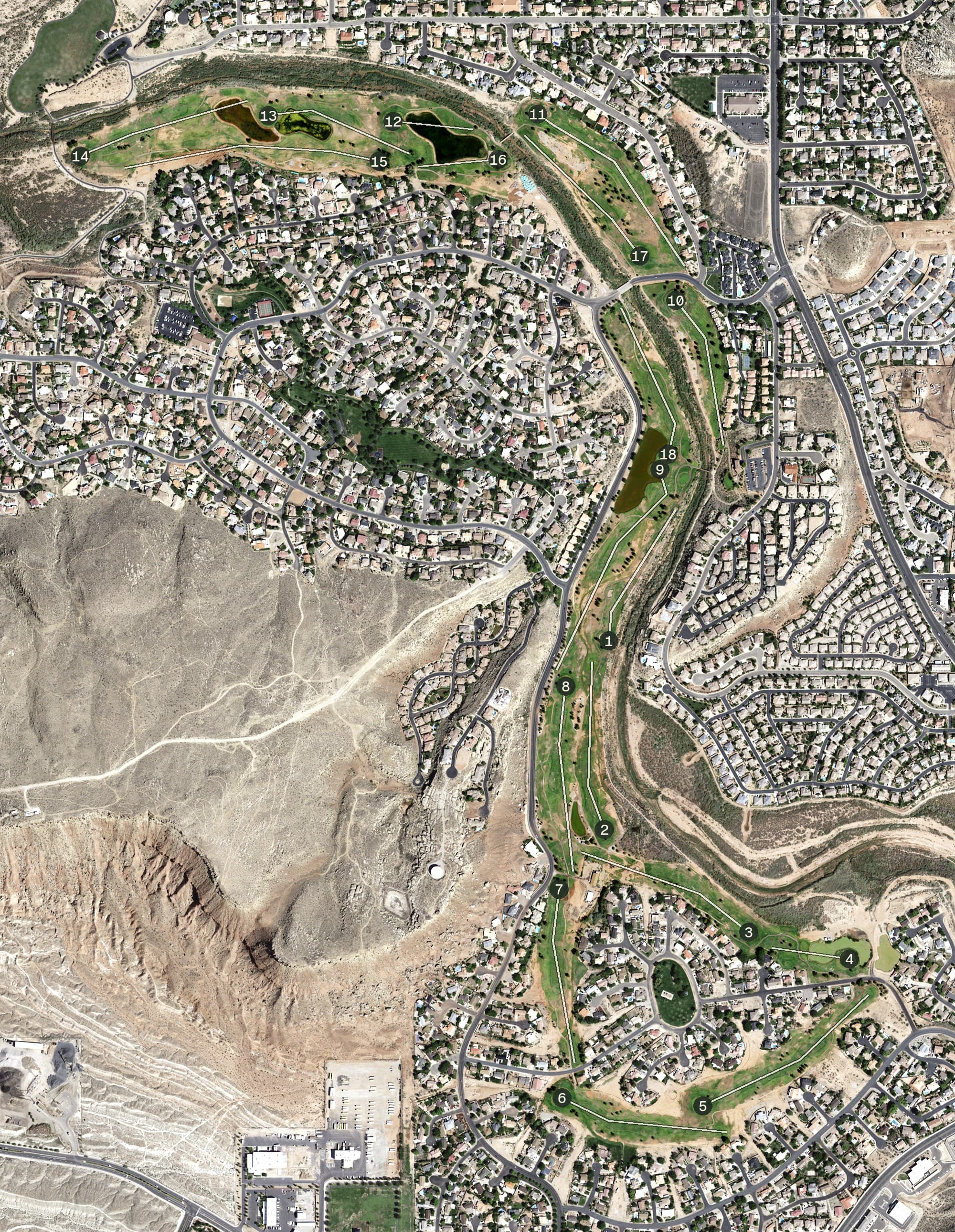 Aerial view of St. George Golf Club, UT, with its hole routing marked
