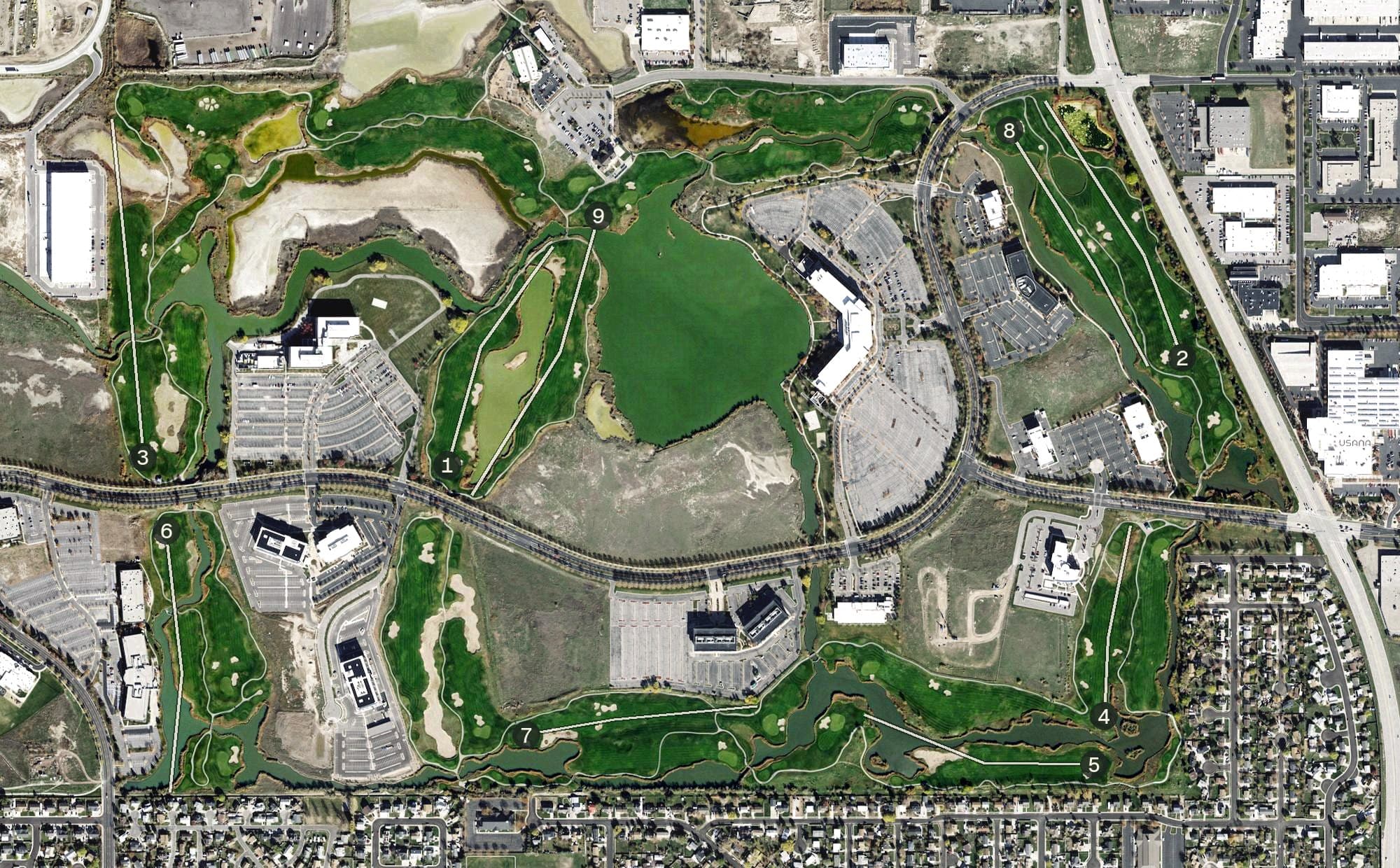 Aerial view of Stonebridge Golf Club, UT, with its hole routing marked