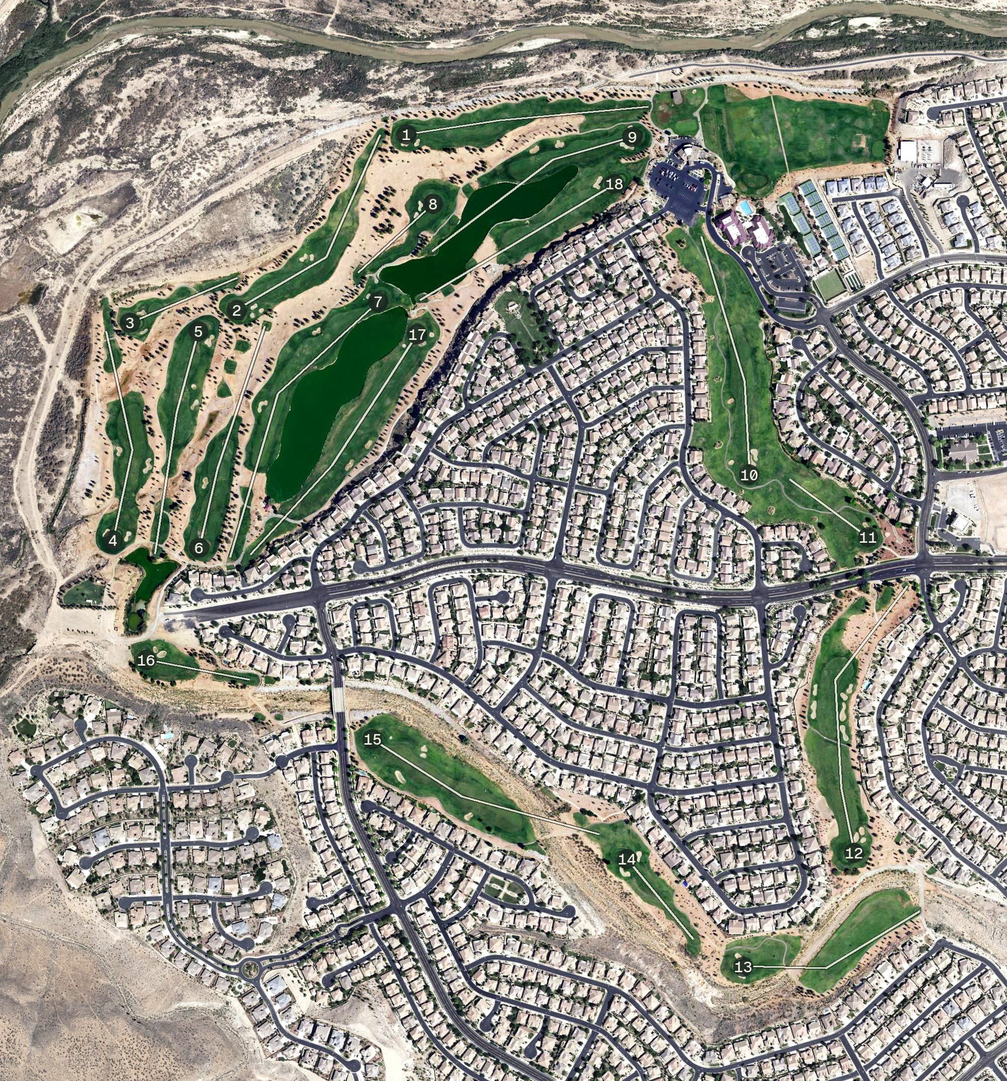 Aerial view of Sun River Golf Club, UT, with its hole routing marked