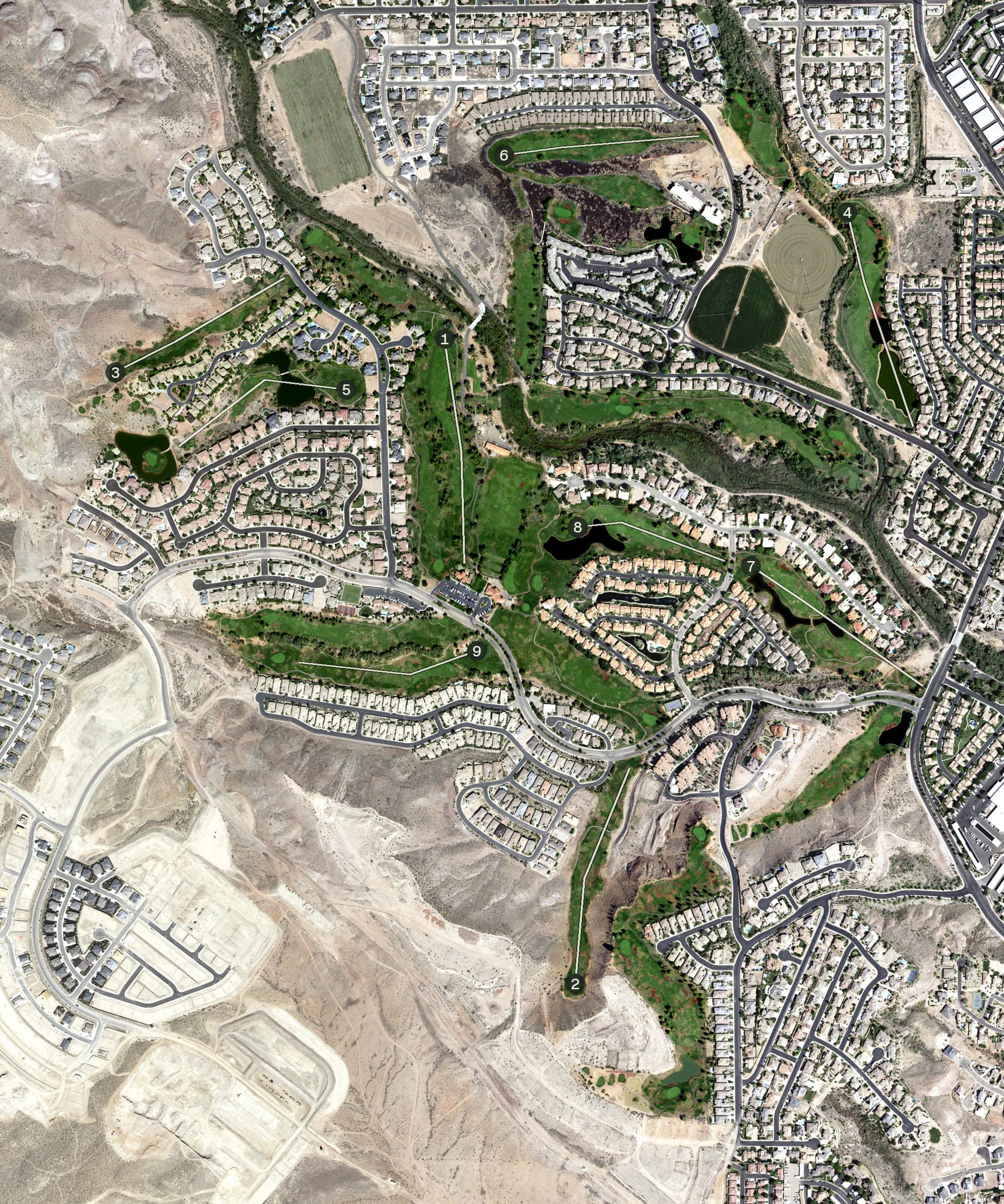 Aerial view of Sunbrook Golf Club, UT, with its hole routing marked