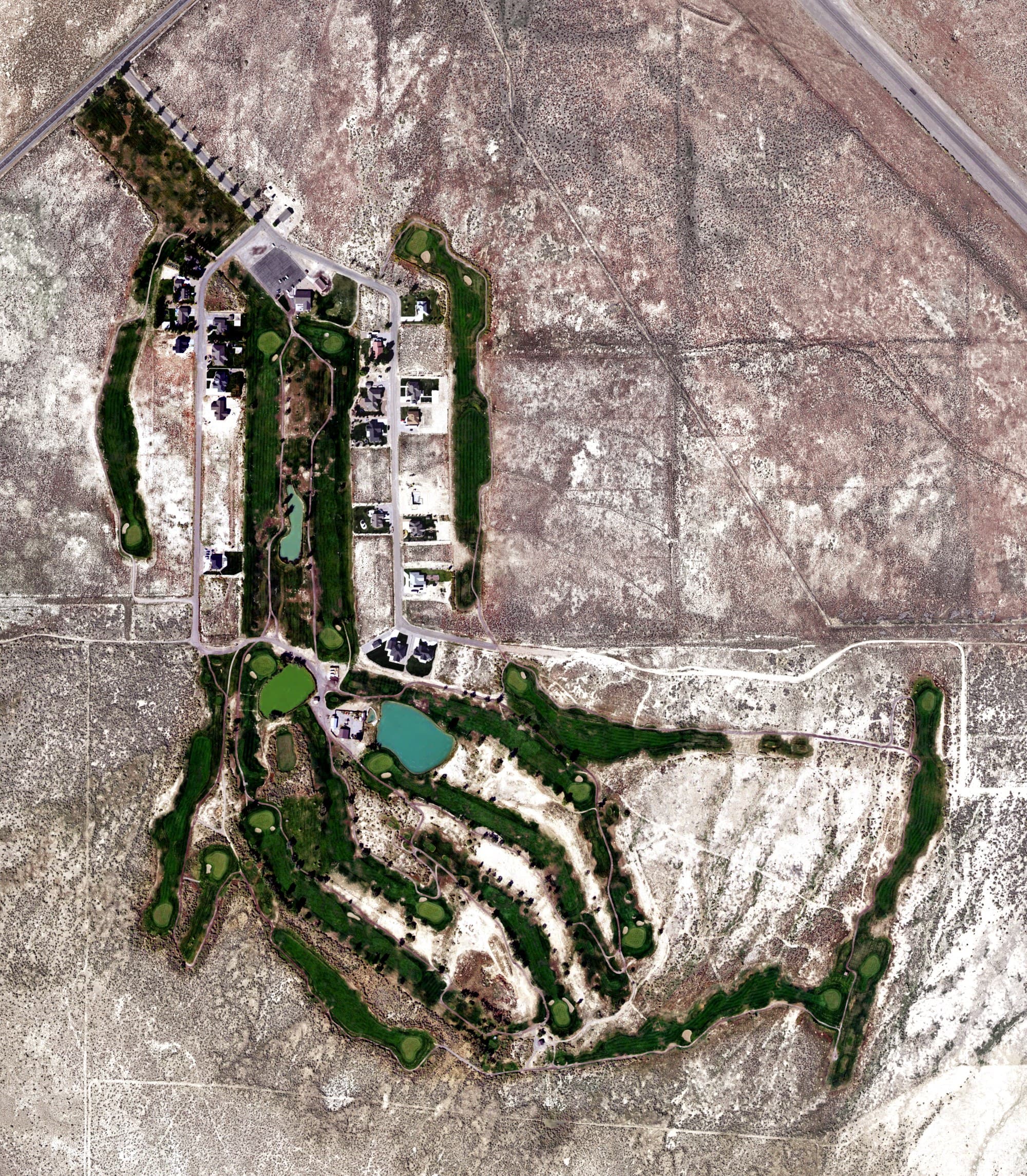 Aerial view of Sunset View Golf Course, UT, with its hole routing marked